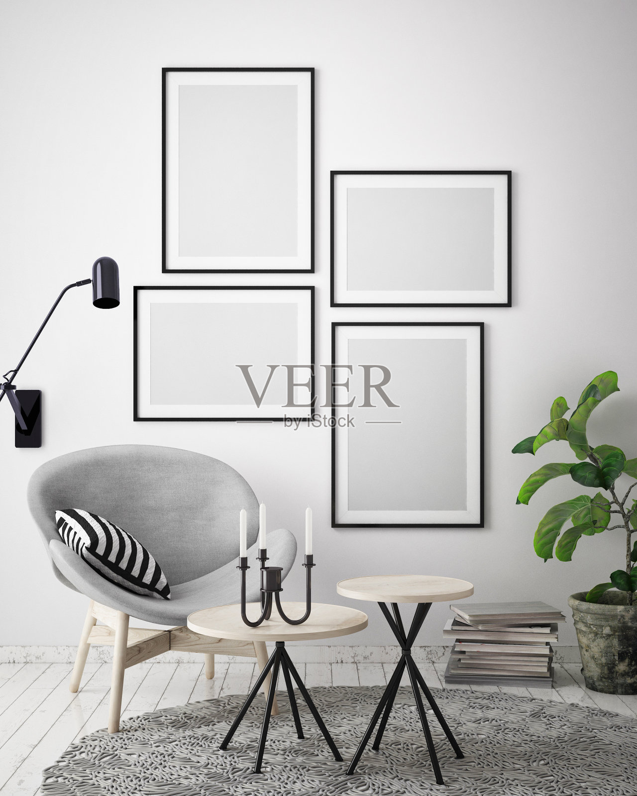 模拟海报框架在时髦的室内背景，斯堪的纳维亚风格，3D渲染插画图片素材