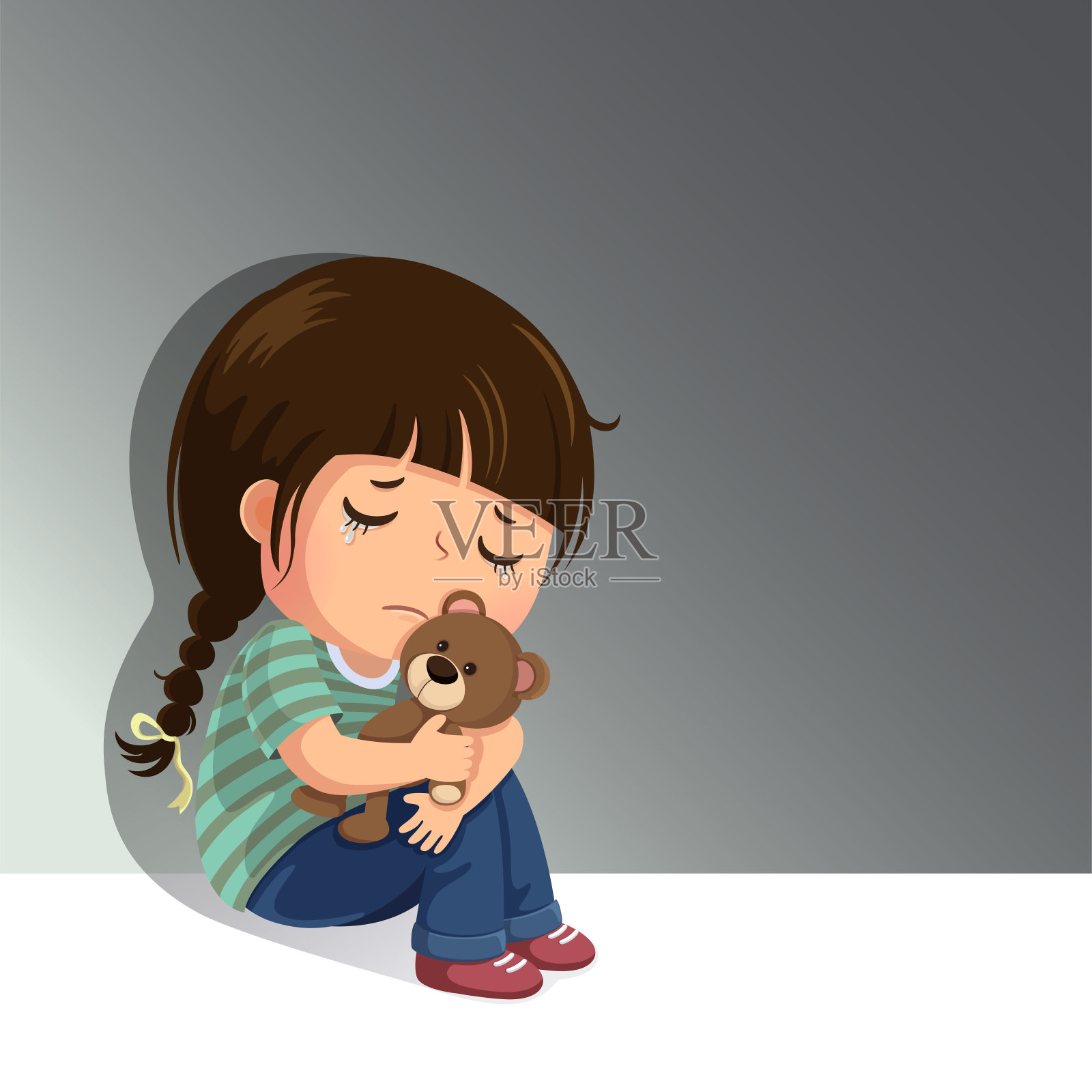 悲伤的小女孩独自和她的泰迪熊坐在一起插画图片素材