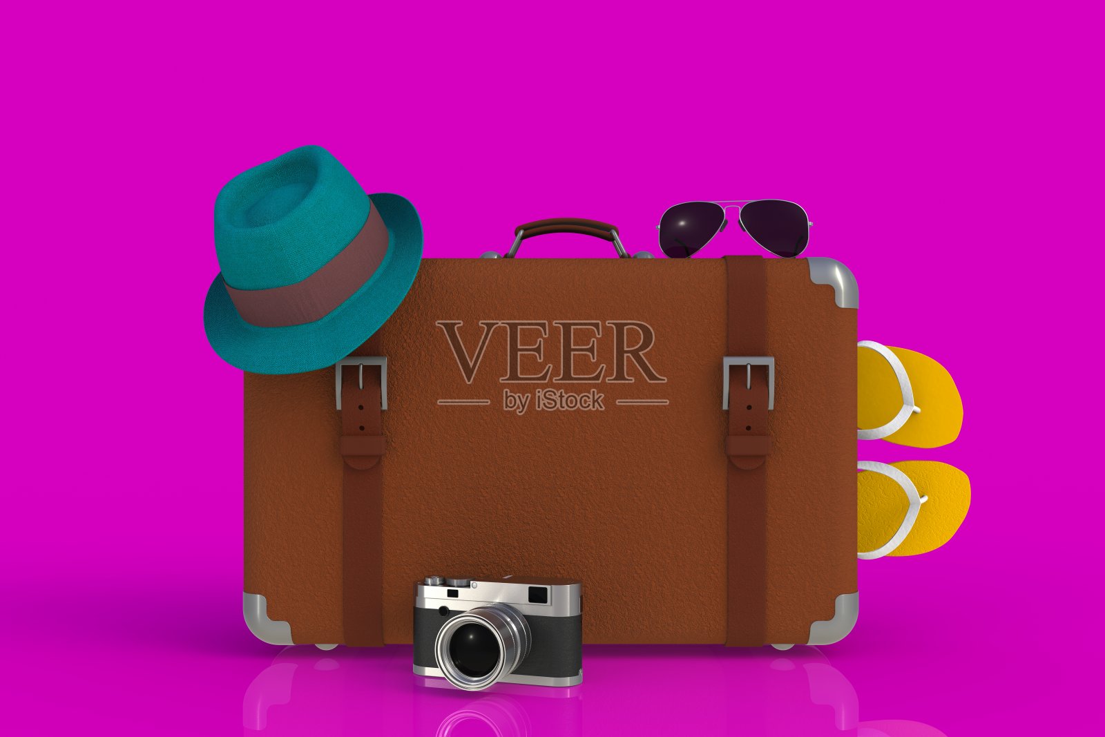 一个带着草帽和复古胶片相机的旅行箱，粉色背景，3D渲染插画图片素材