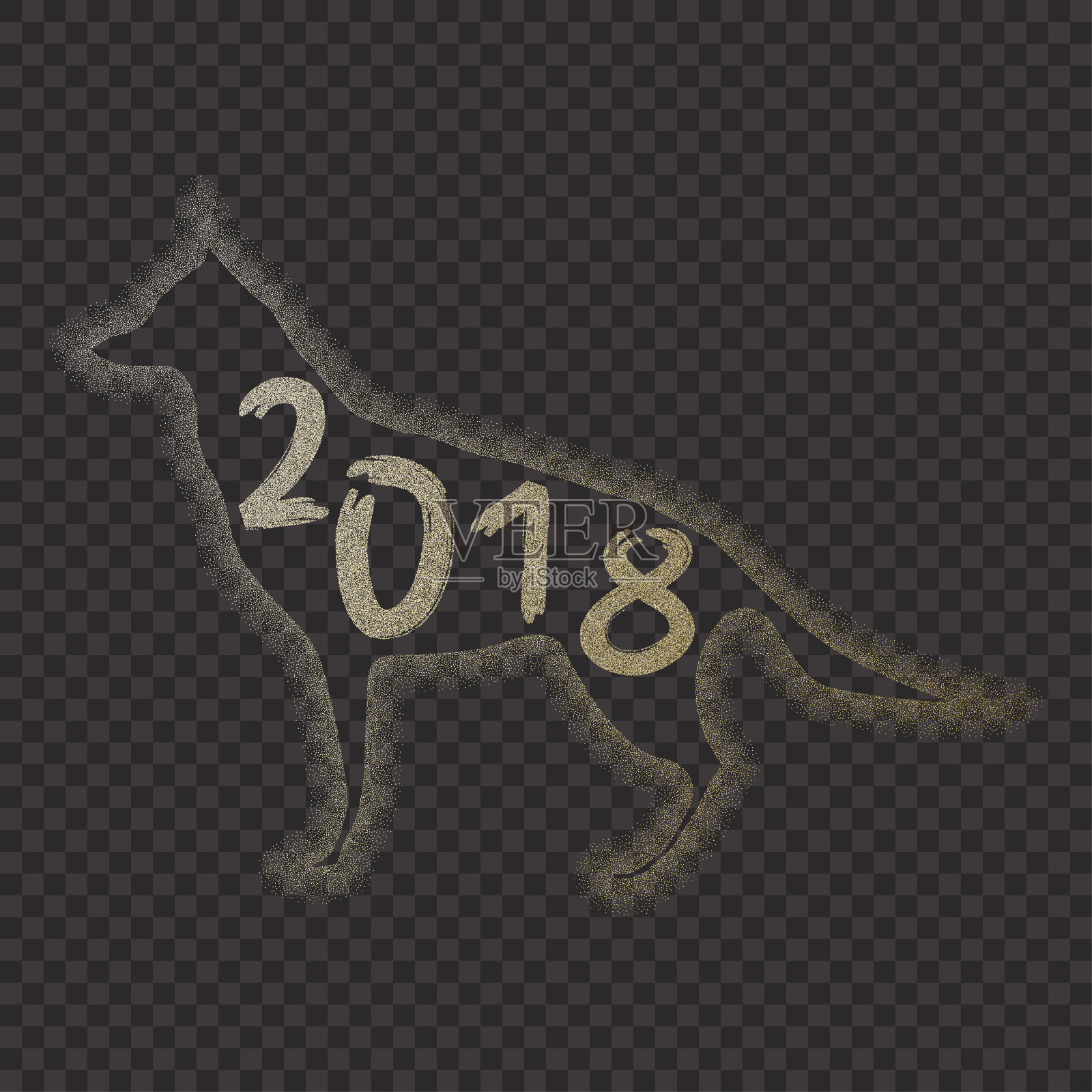 2018年中国新年的黄色狗最小概念与黄金矢量线，闪光，箔纹理，动物剪影，模板日历，海报，横幅，贺卡插画图片素材