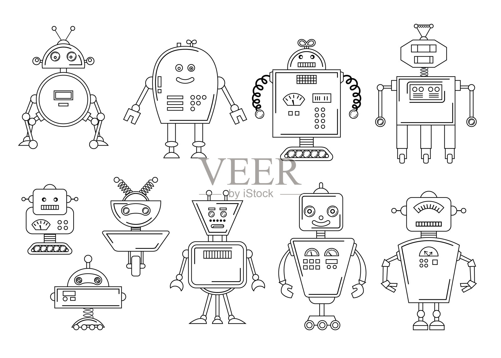 矢量插图的一个机器人。机械特性的设计。四组不同的机器人。彩色书页面插画图片素材