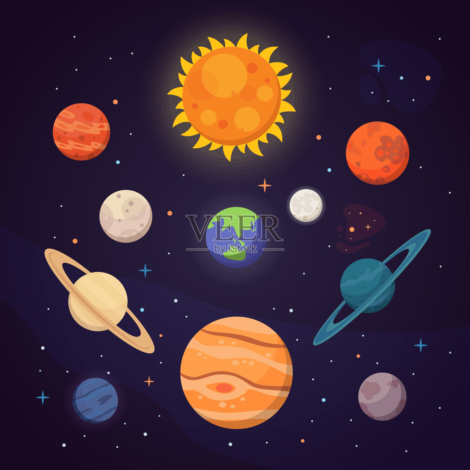一组色彩鲜艳的行星。太阳系，有恒星的空间。可爱的卡通矢量插图。插画图片素材