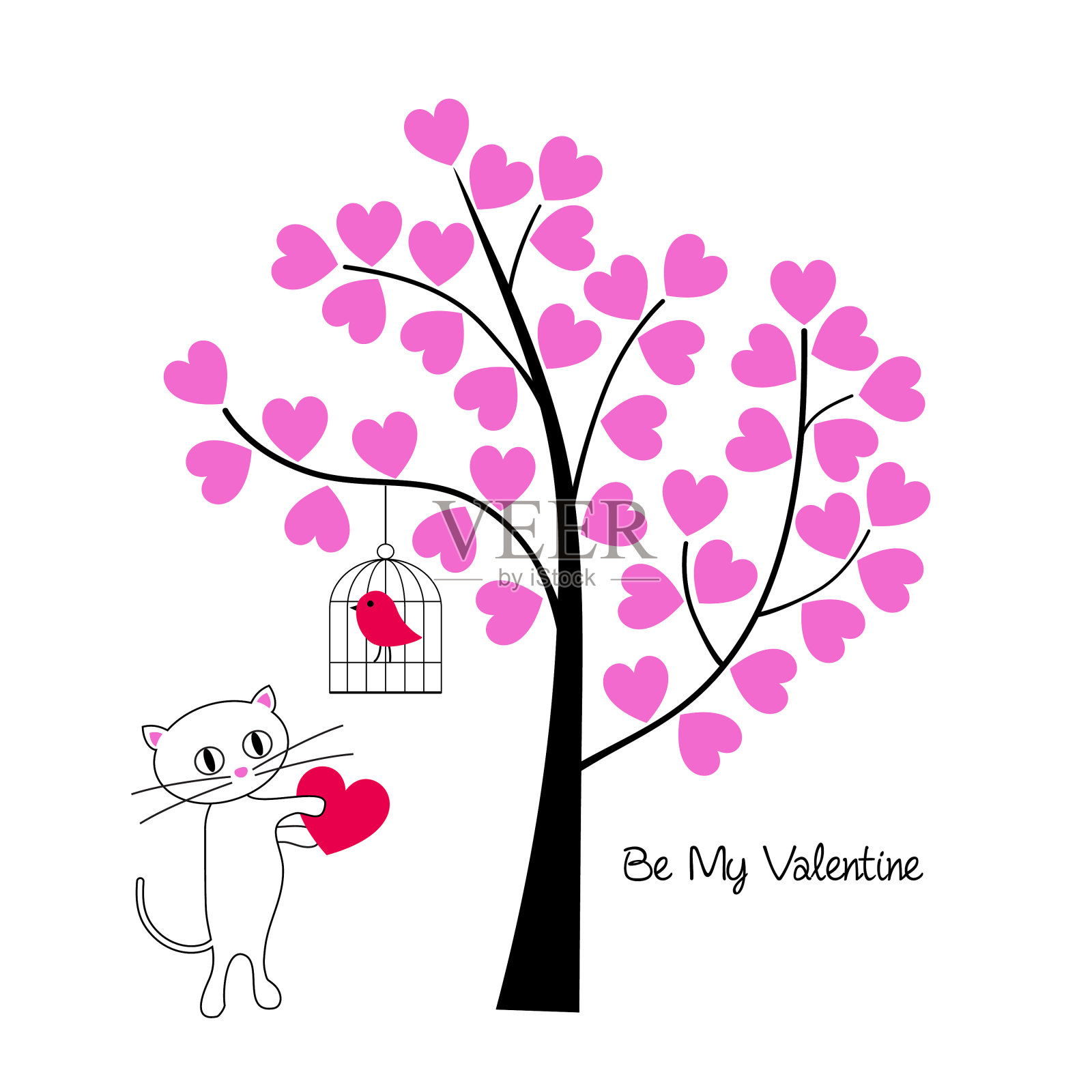 情人节猫和鸟与树插画图片素材