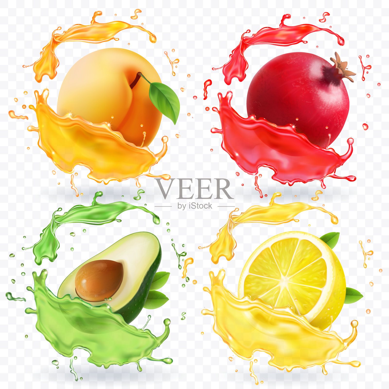 杏，柠檬，石榴，鳄梨汁。水果在现实喷溅向量集插画图片素材