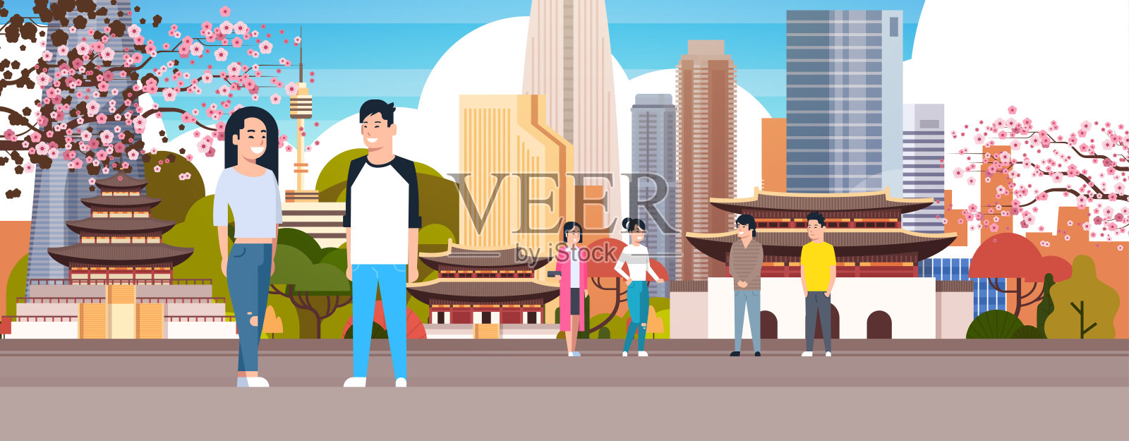 韩国夫妇在首尔城市背景与摩天大楼和地标旅游韩国的概念插画图片素材