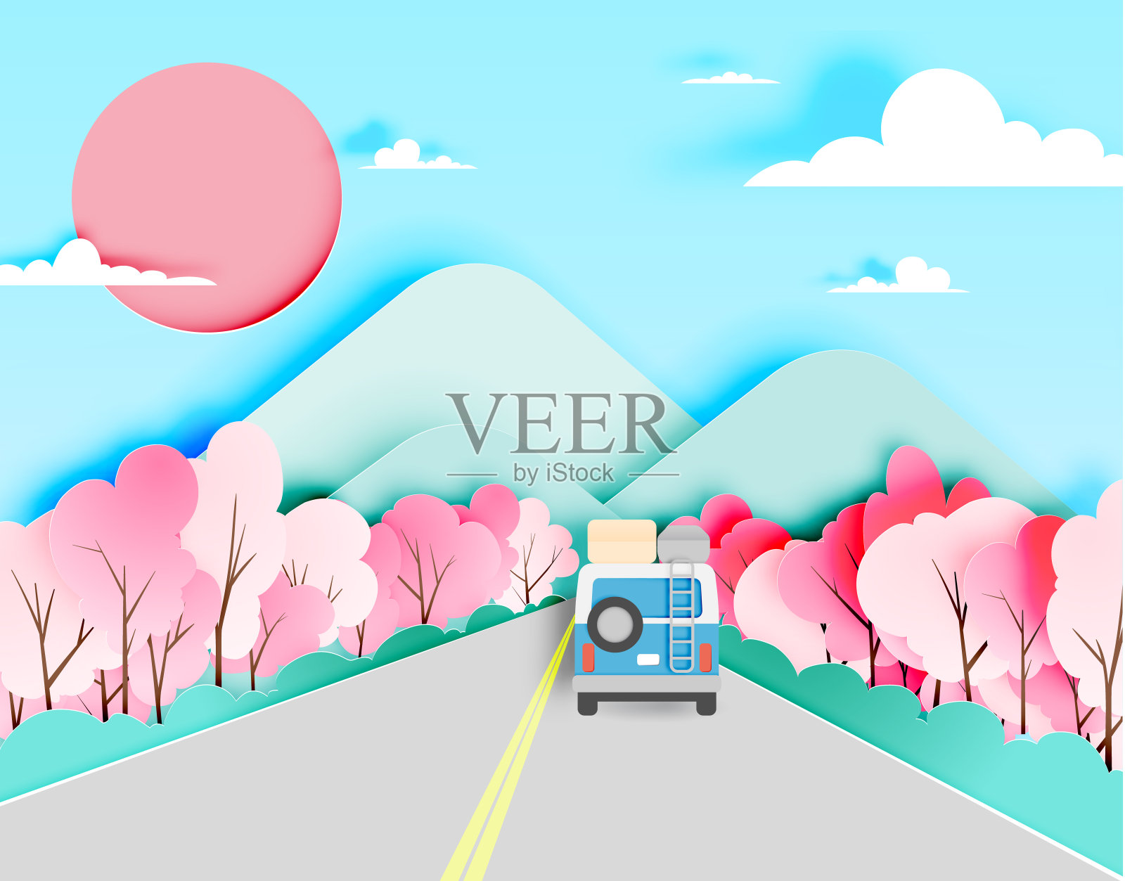 公路旅行与汽车和自然柔和的配色方案的背景插画图片素材