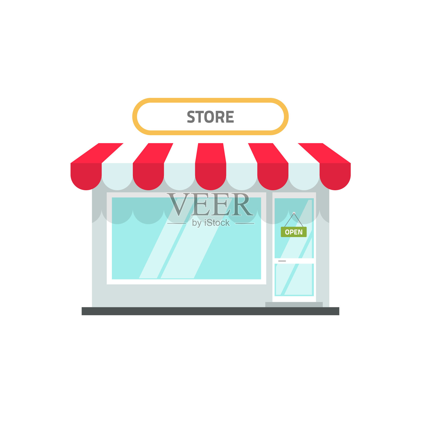 商店或商店立面矢量插图，平面卡通设计的小零售商店建筑正面视图与开放的文本孤立在白色背景设计元素图片