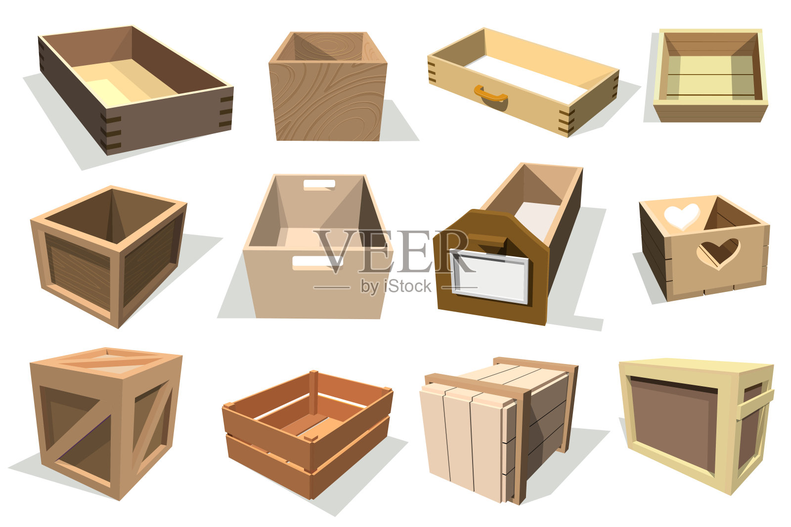 盒子包装矢量木制空抽屉和包装盒或包装板条箱与木箱集装箱交付或运输设置插图孤立在白色背景插画图片素材