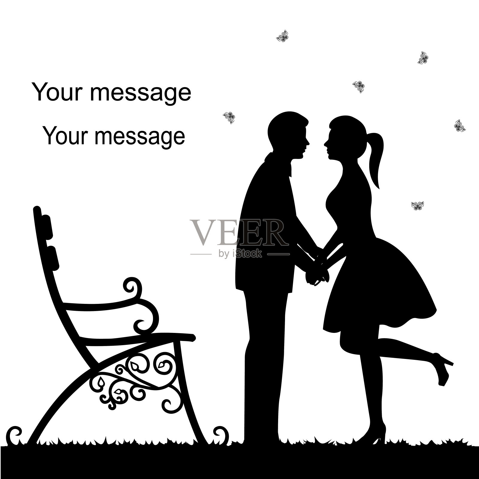 情人节。一张有一对夫妇的卡片，白色的背景和一张长凳。插画图片素材