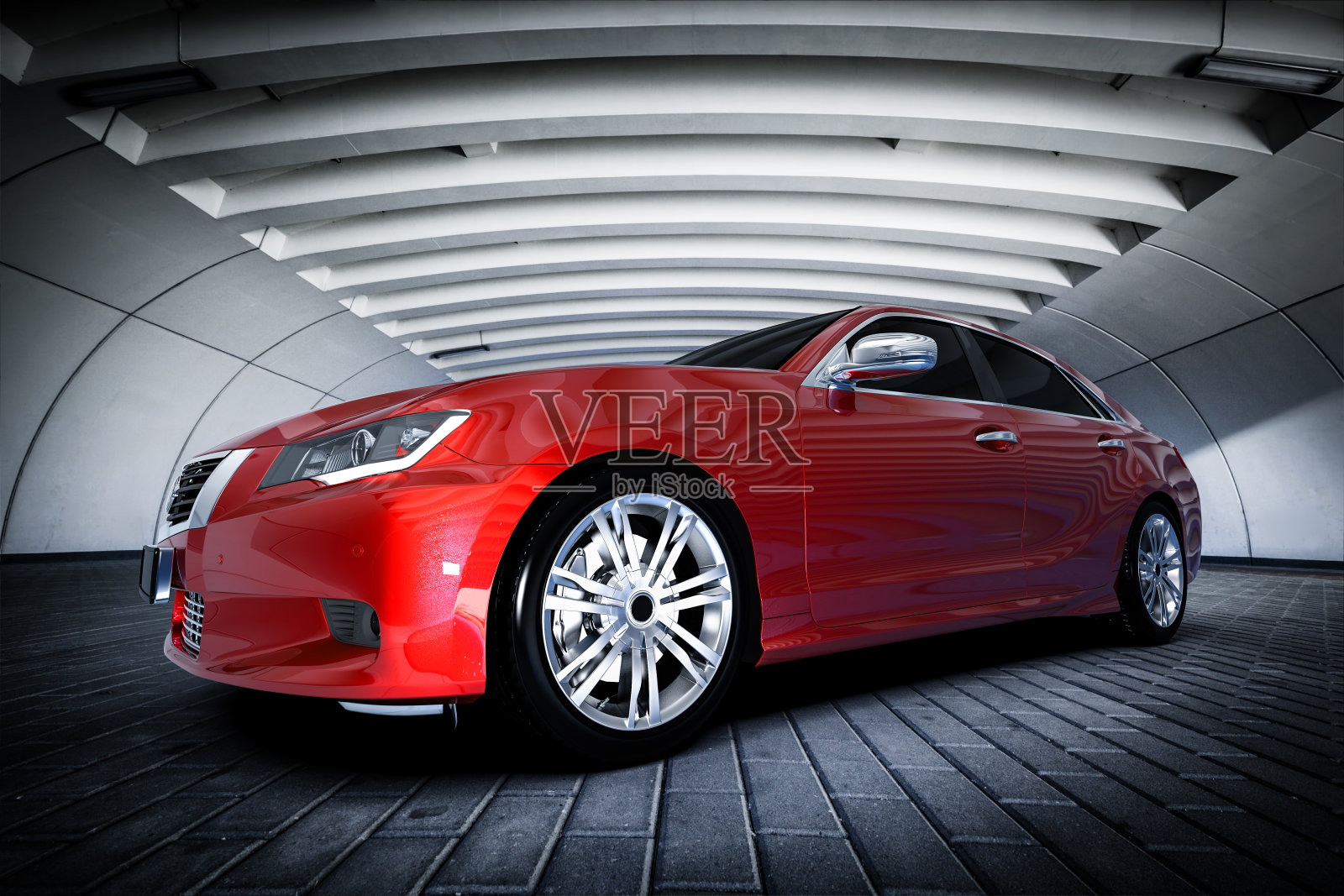 现代红色金属轿车在城市设置-隧道。通用设计,brandless照片摄影图片