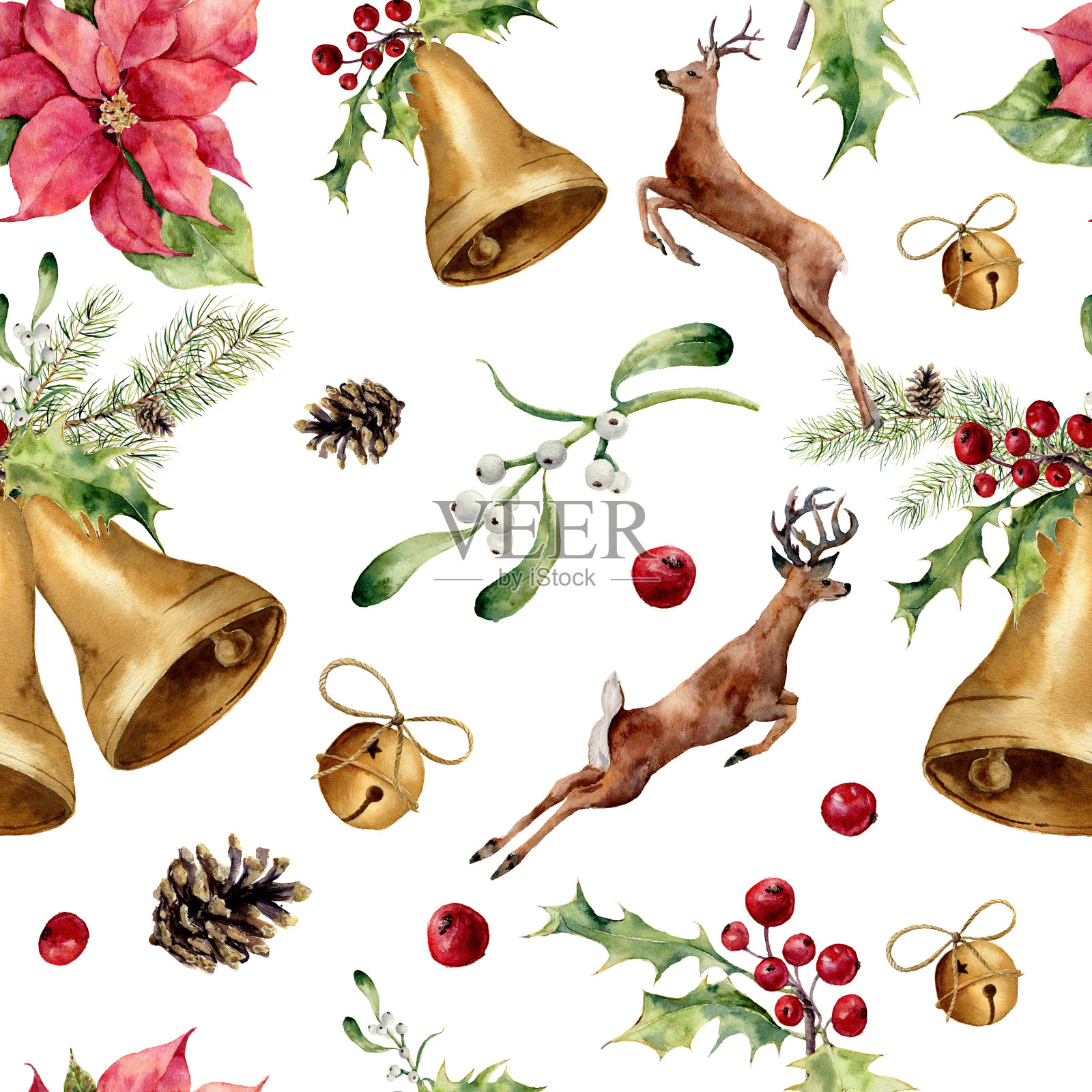 水彩圣诞无缝模式与鹿和装饰。新年装饰树用鹿，钟，冬青，槲寄生，一品红，桔子片，松果和蝴蝶结设计，印刷或背景插画图片素材