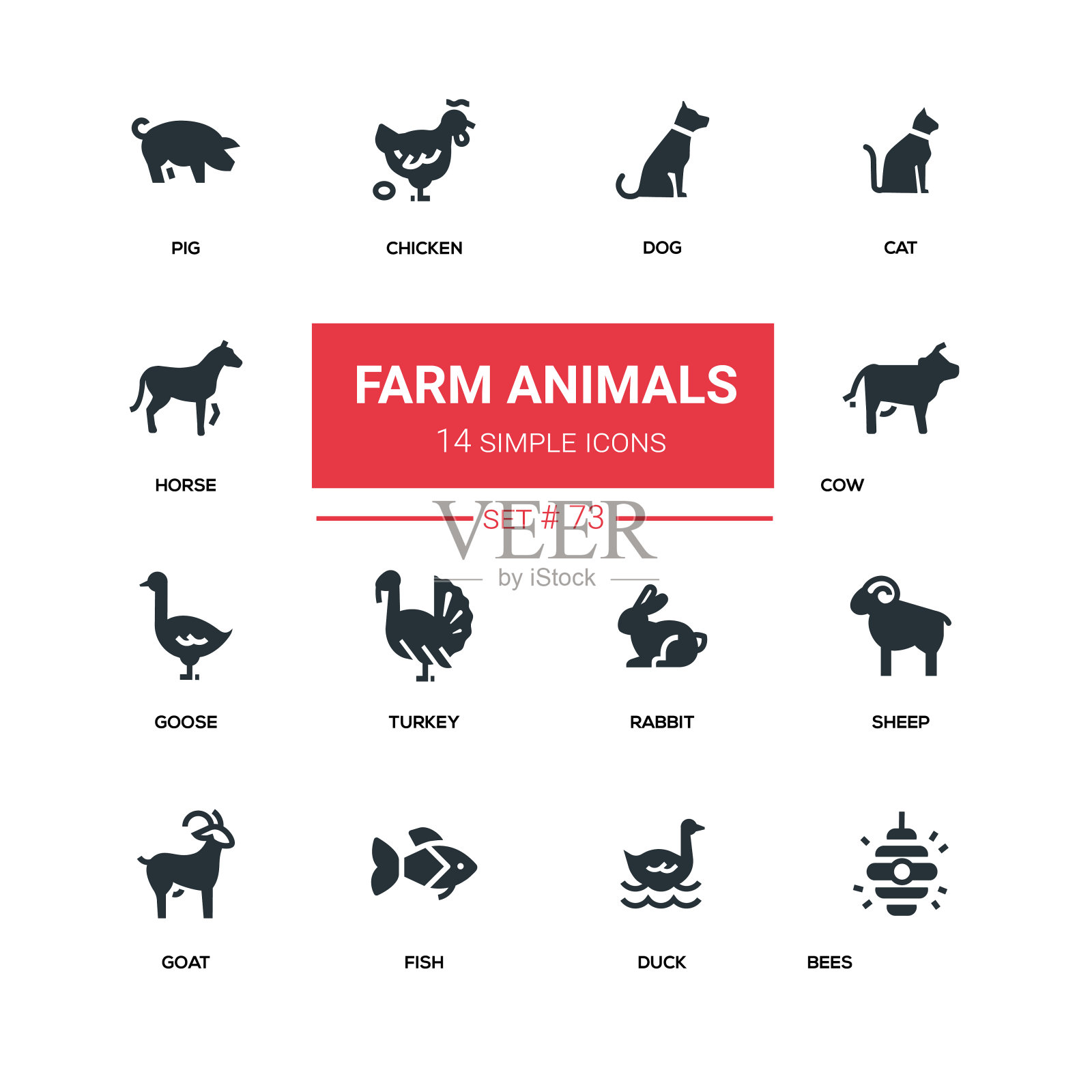 农场动物轮廓线设计图标集设计元素图片