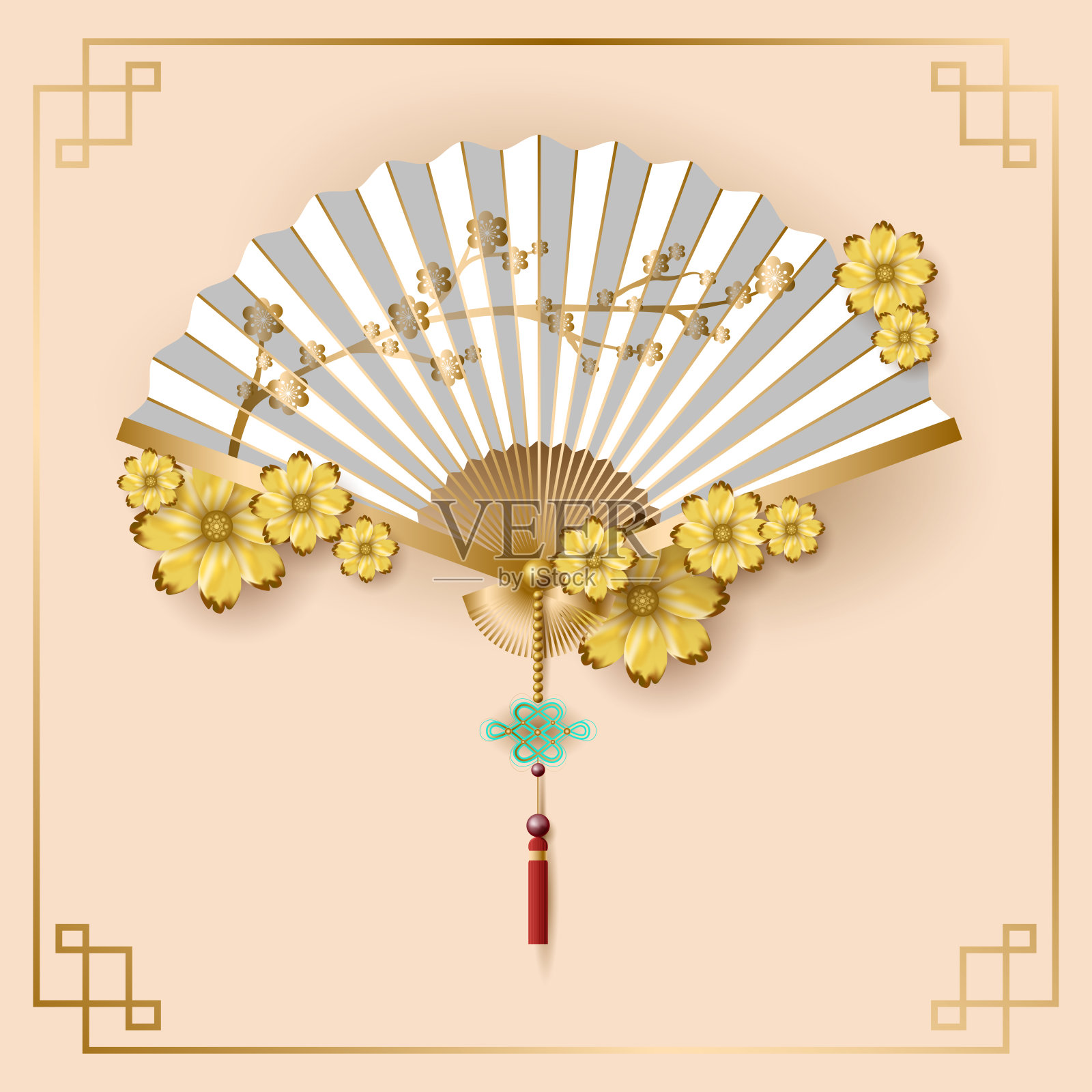 黄色背景的中国扇子。矢量图设计元素图片