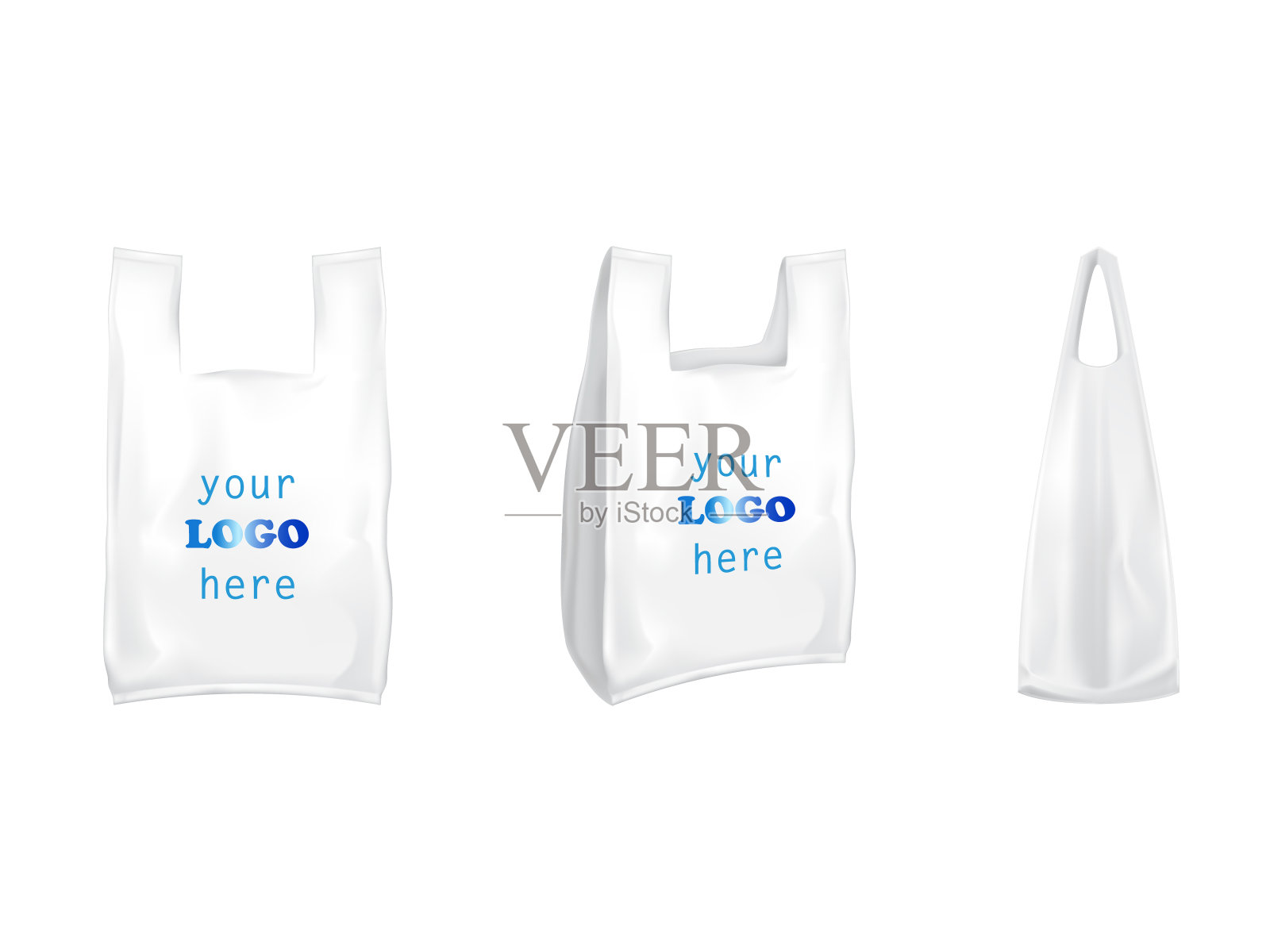 塑料t恤购物袋矢量隔离3D现实白色空白包装与处理模板品牌设计元素图片