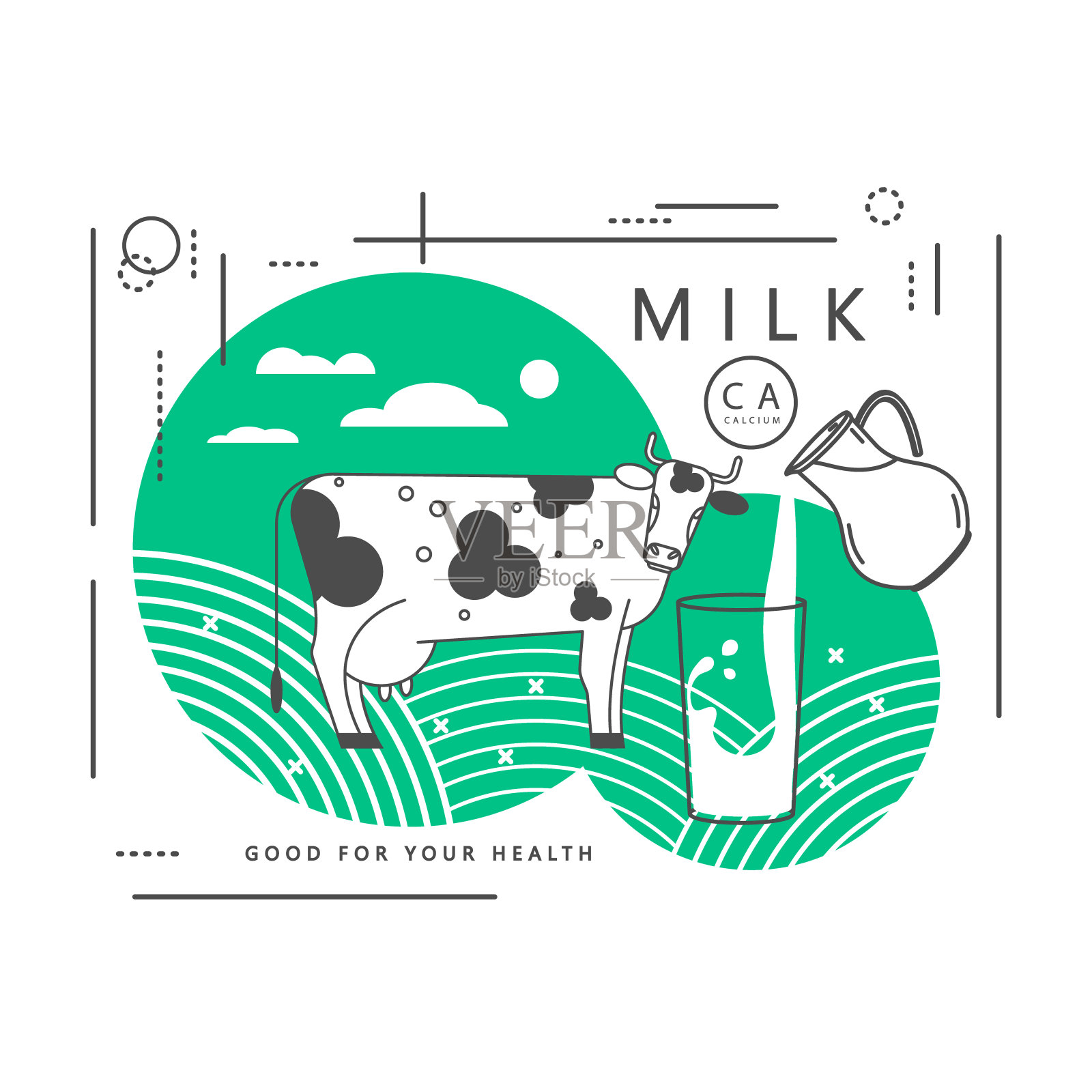 一杯牛奶，一个水罐和一头奶牛。矢量插图。插画图片素材