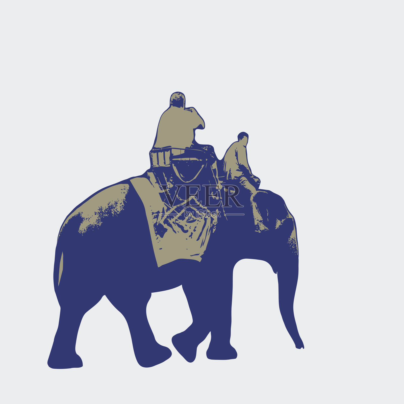 大象徒步旅行者骑大象，大象司机，蓝棕色的剪影在白色的背景。向量插画图片素材