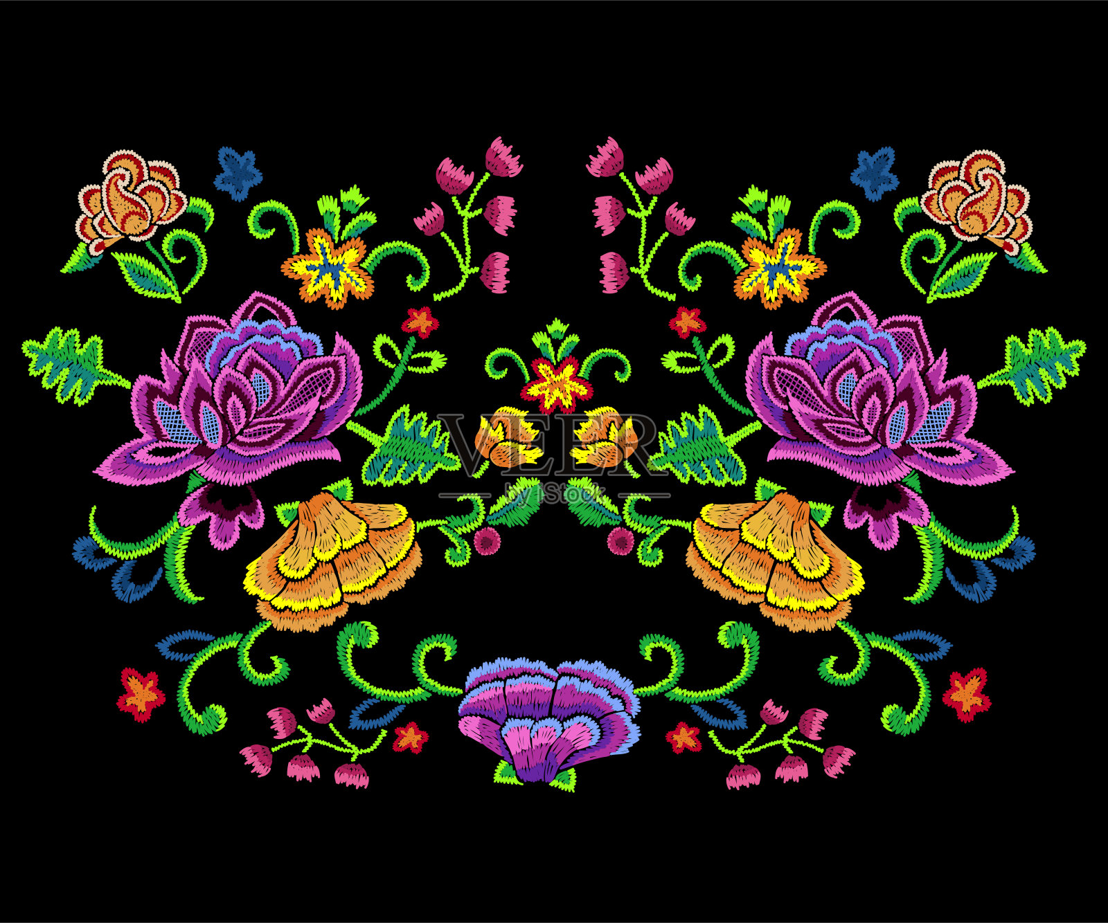 刺绣植物趋势图案与鲜艳的简化花朵。插画图片素材