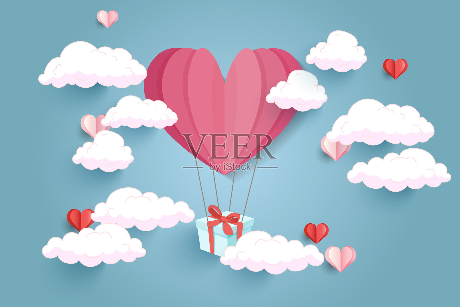 矢量设计的爱，情人节和妇女节。气球心形的礼盒挂在空中飘浮。纸艺术风格插画图片素材