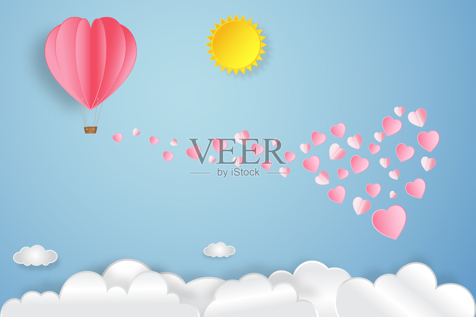 粉色心形和热气球，阳光下的蓝天背景作为爱情，情人节，婚礼和纸艺术概念。矢量插图。插画图片素材