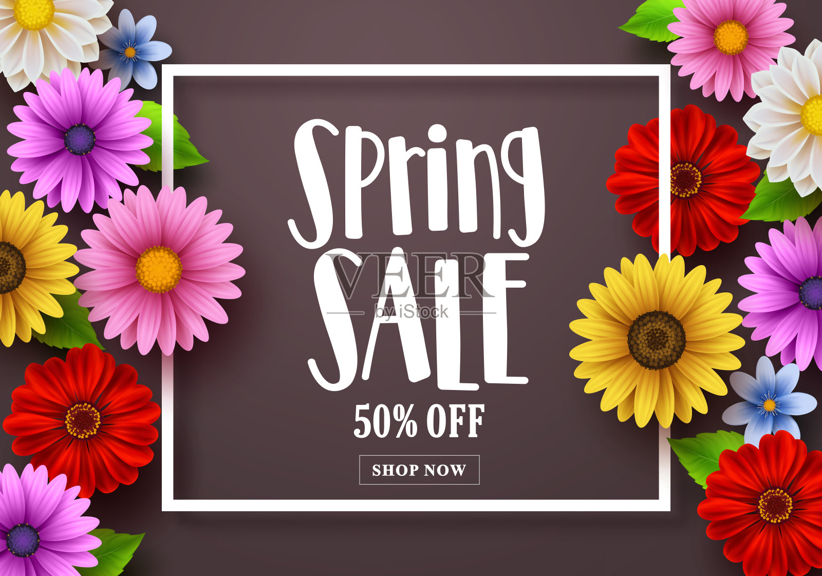 春季销售文字在一个背景矢量模板与五颜六色的各种花卉，边框的框架插画图片素材