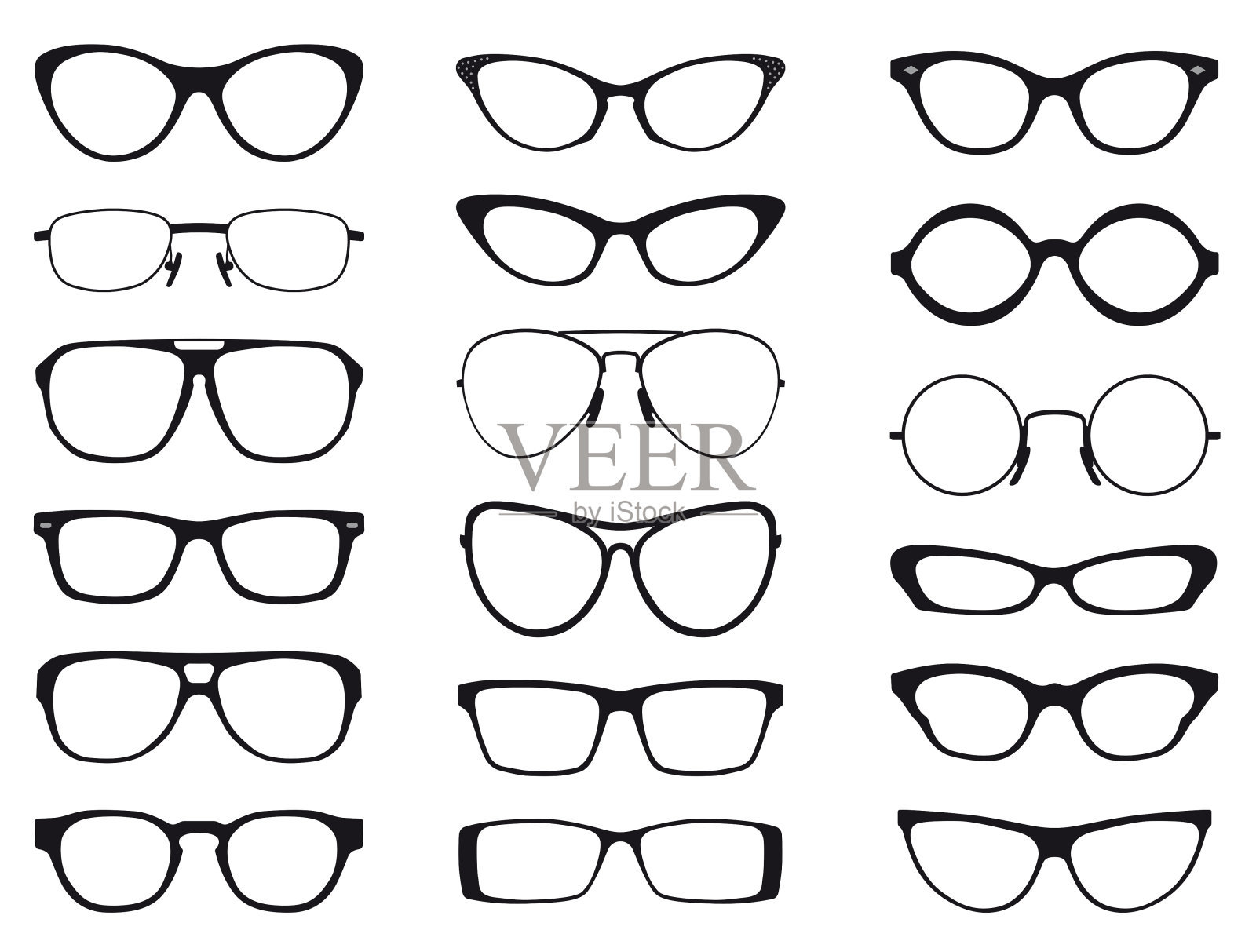 收藏时尚眼镜在黑色和白色的轮廓，向量设计元素图片