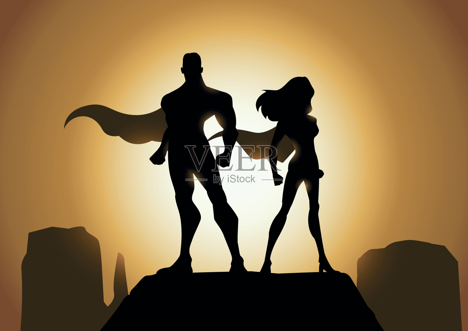 超级英雄夫妇轮廓插画图片素材