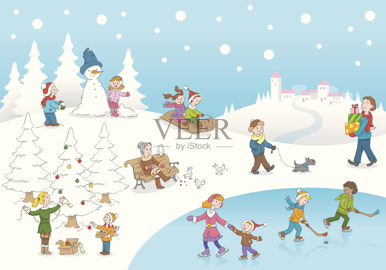 圣诞节的冬天，孩子们在玩雪插画图片素材