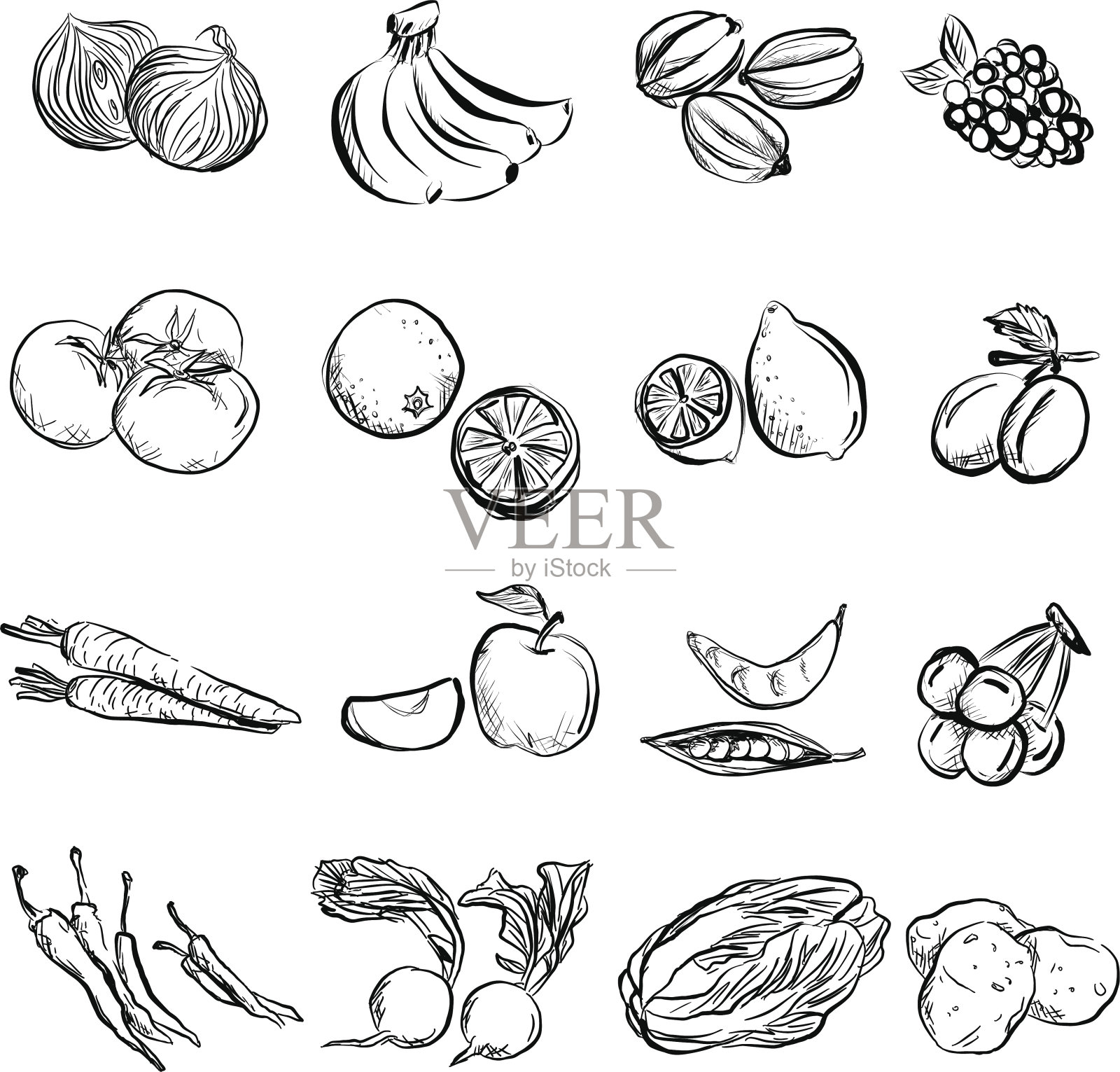 水果和蔬菜炭笔素描风格设计元素图片