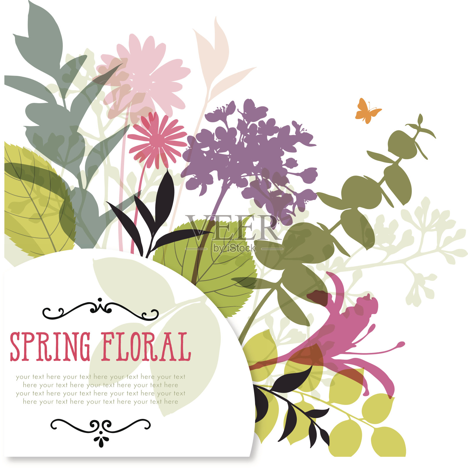插图多彩的春天花和茎与框架和Copyspace插画图片素材