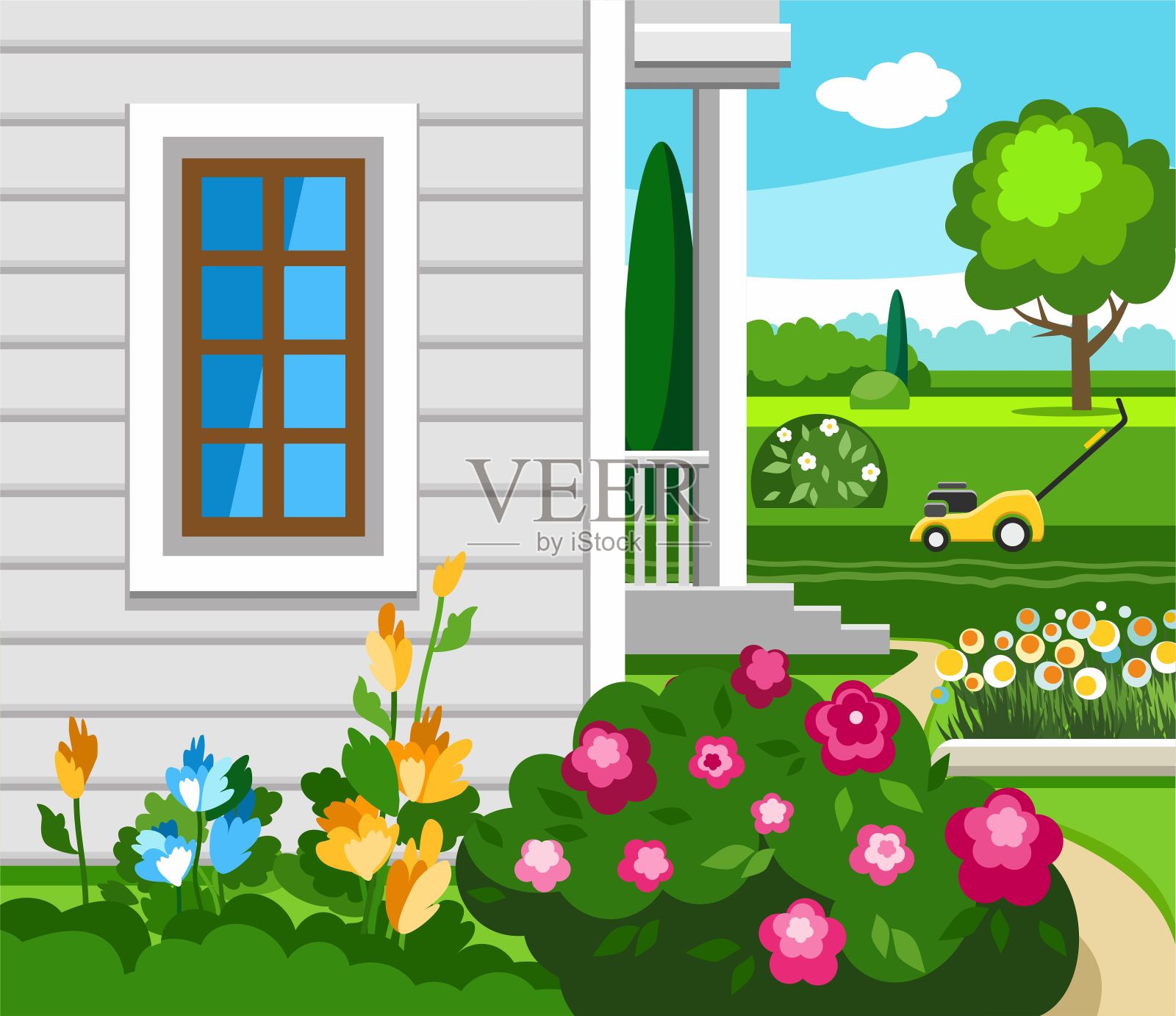 房子附近花园里的花，彩色插图。插画图片素材