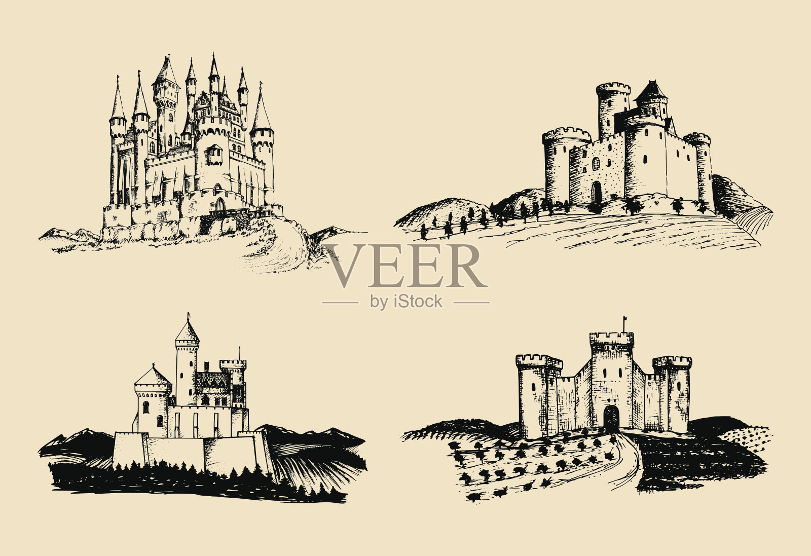 向量旧城堡插图设置。手绘古塔与田园和山丘的建筑景观。插画图片素材