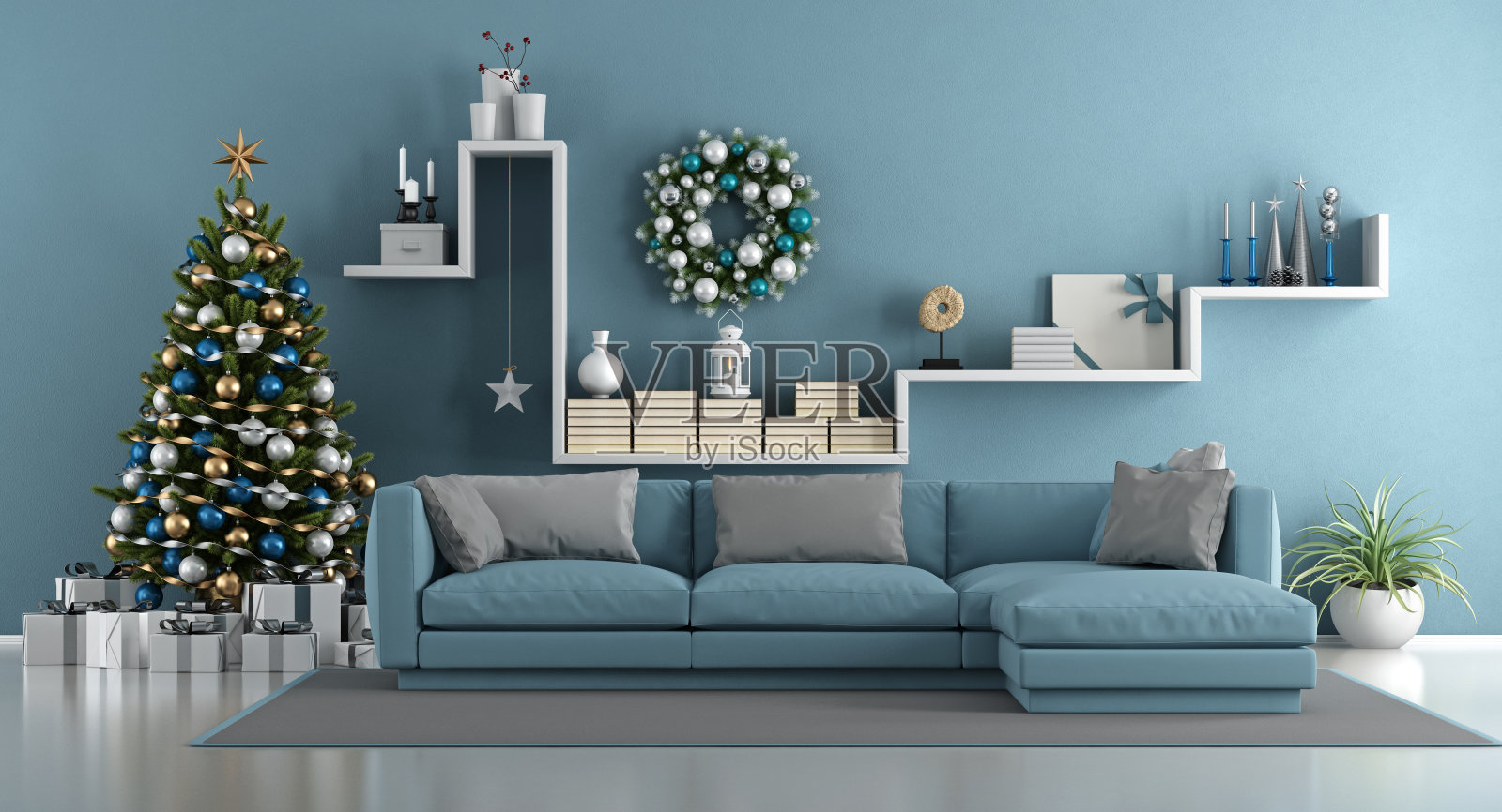 蓝色现代客厅与圣诞树照片摄影图片