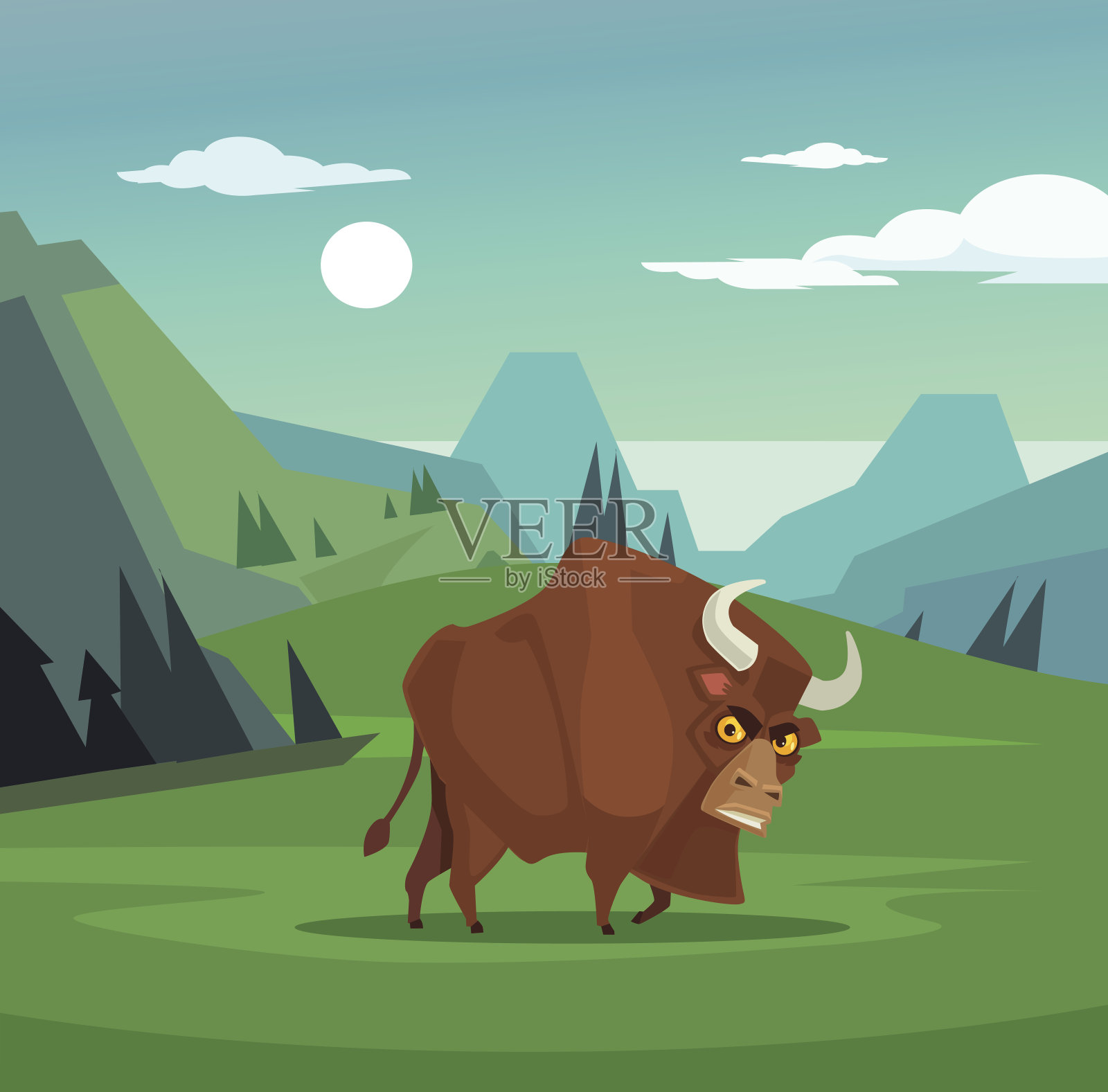 愤怒的公牛在田野里吃草插画图片素材