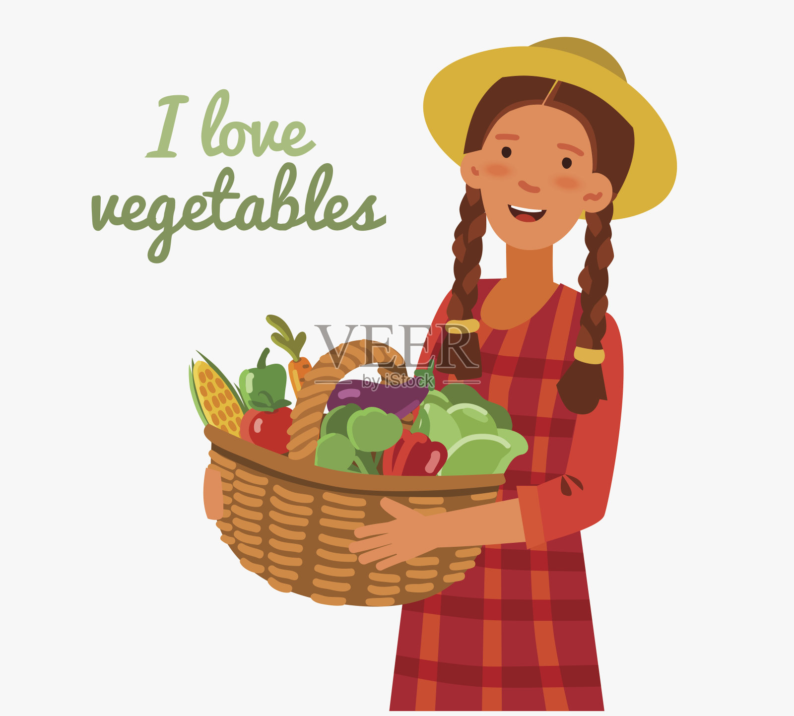 年轻女子在花园里与一个装满新鲜蔬菜的篮子:卷心菜，辣椒，番茄，胡萝卜，玉米，花椰菜和茄子的卡通风格设计元素图片