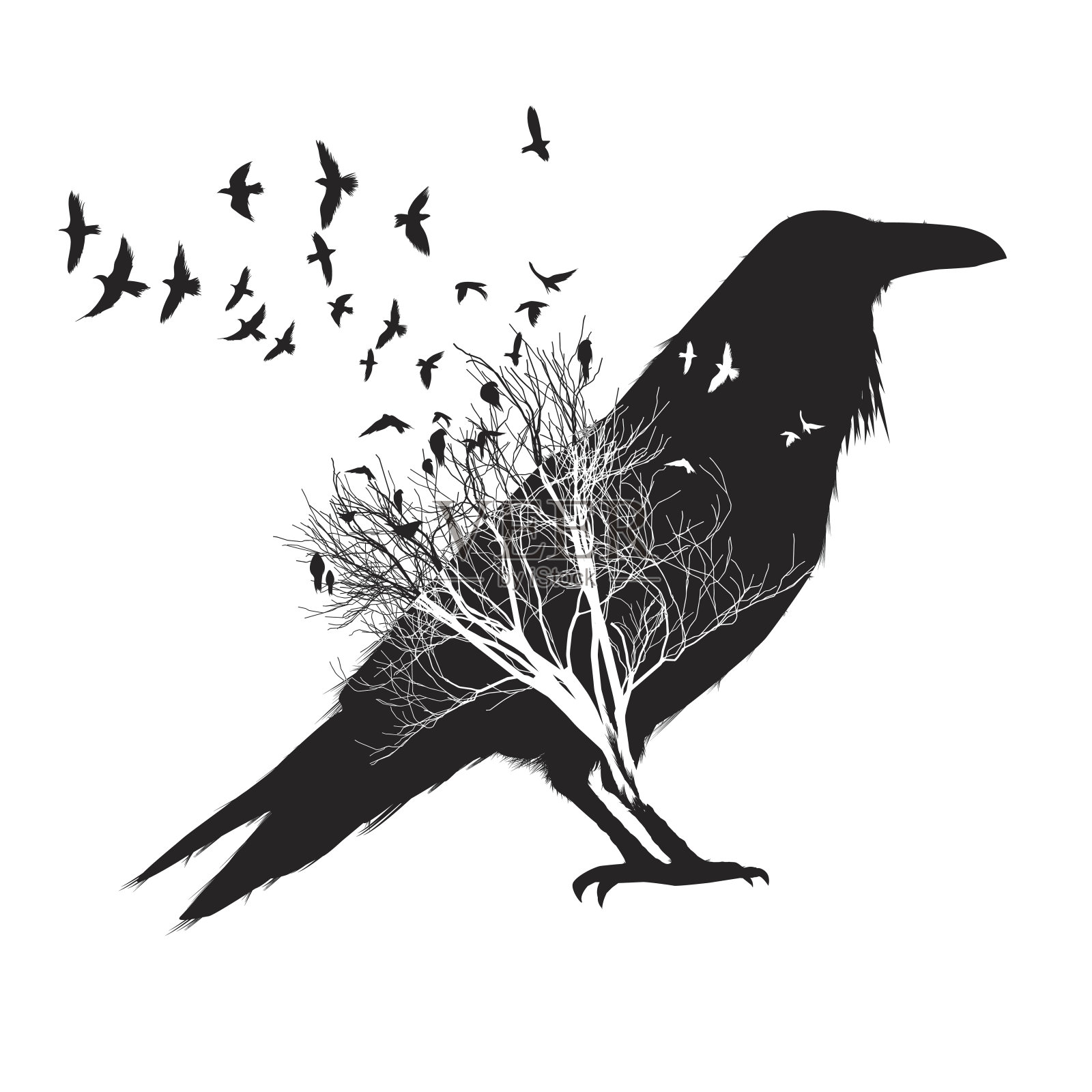 孤立乌鸦双重暴露。树和鸟的剪影出现在背景上插画图片素材
