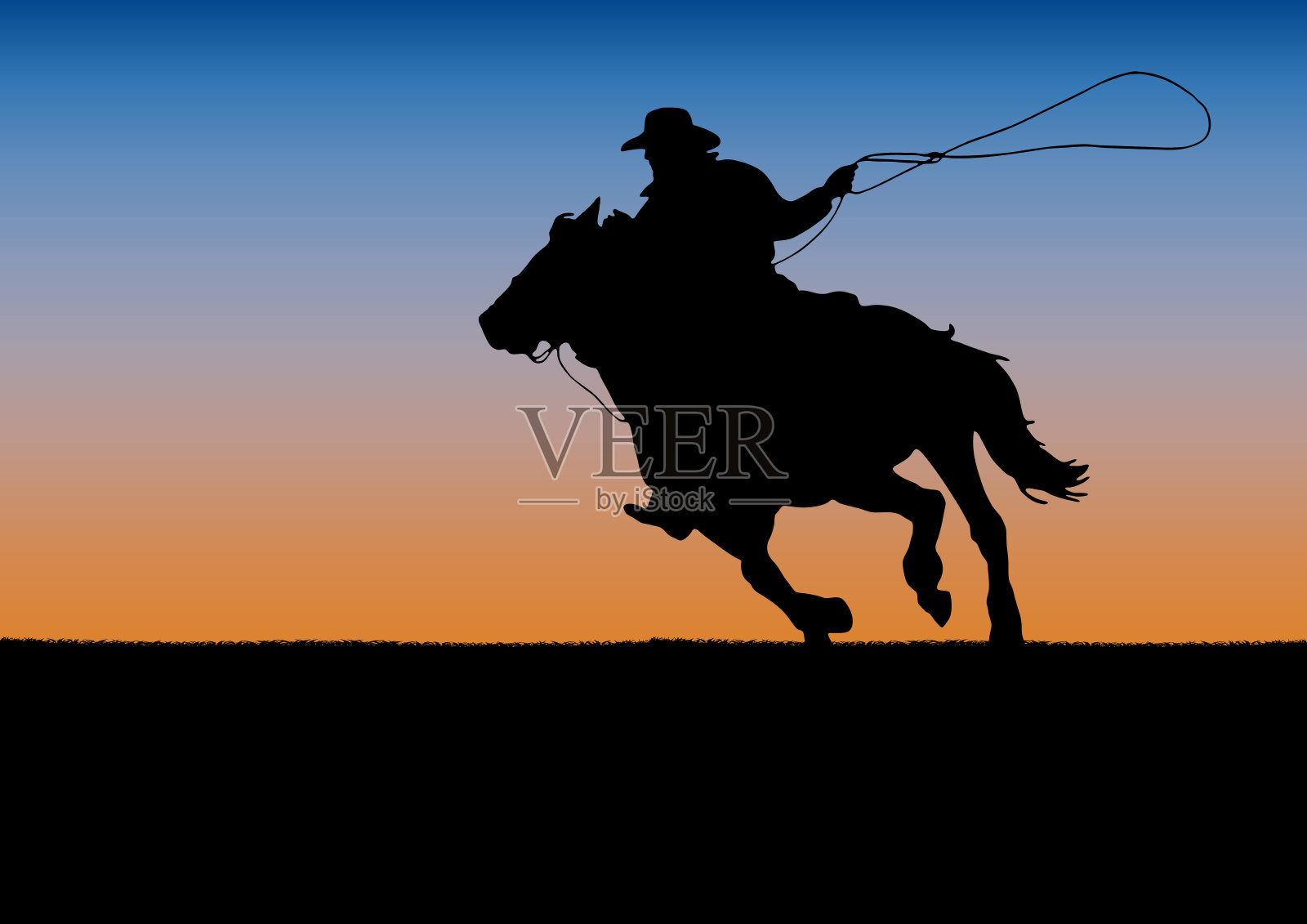 牛仔竞技比赛比赛，夕阳背景。海报牛仔和套索上的马背景图片素材