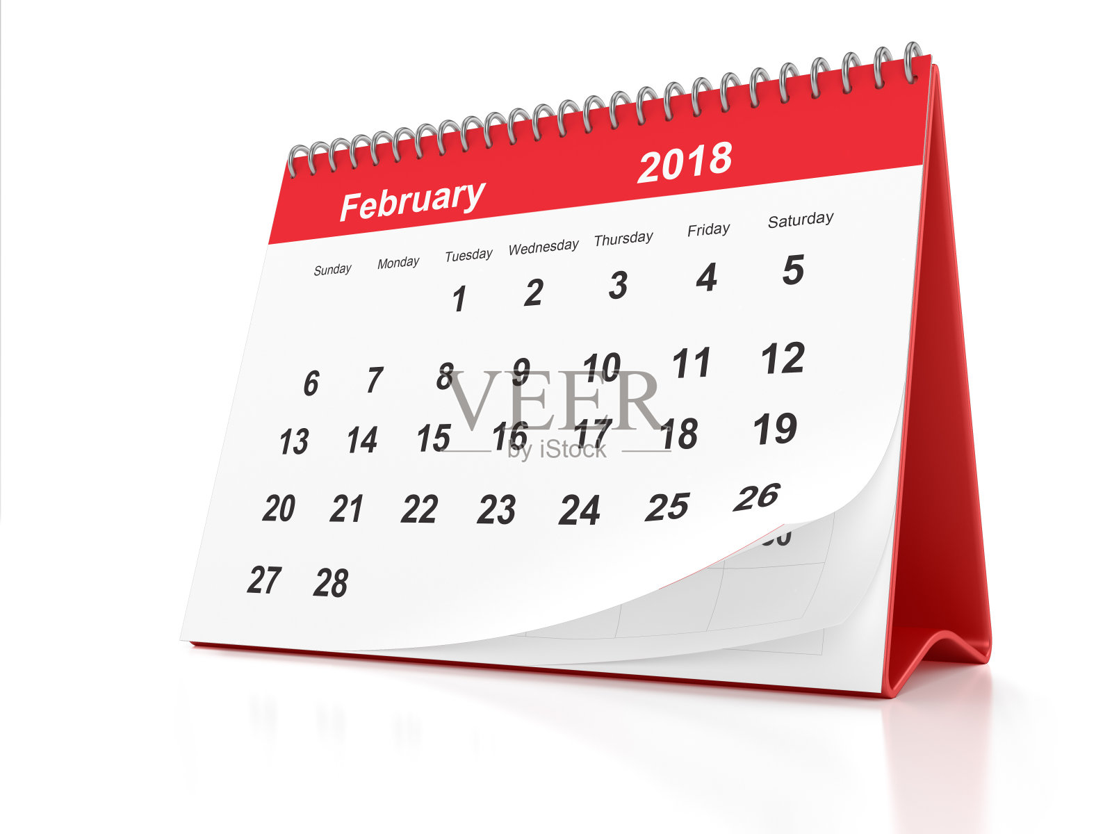 2018年2月白色背景上的红色塑料桌面日历照片摄影图片