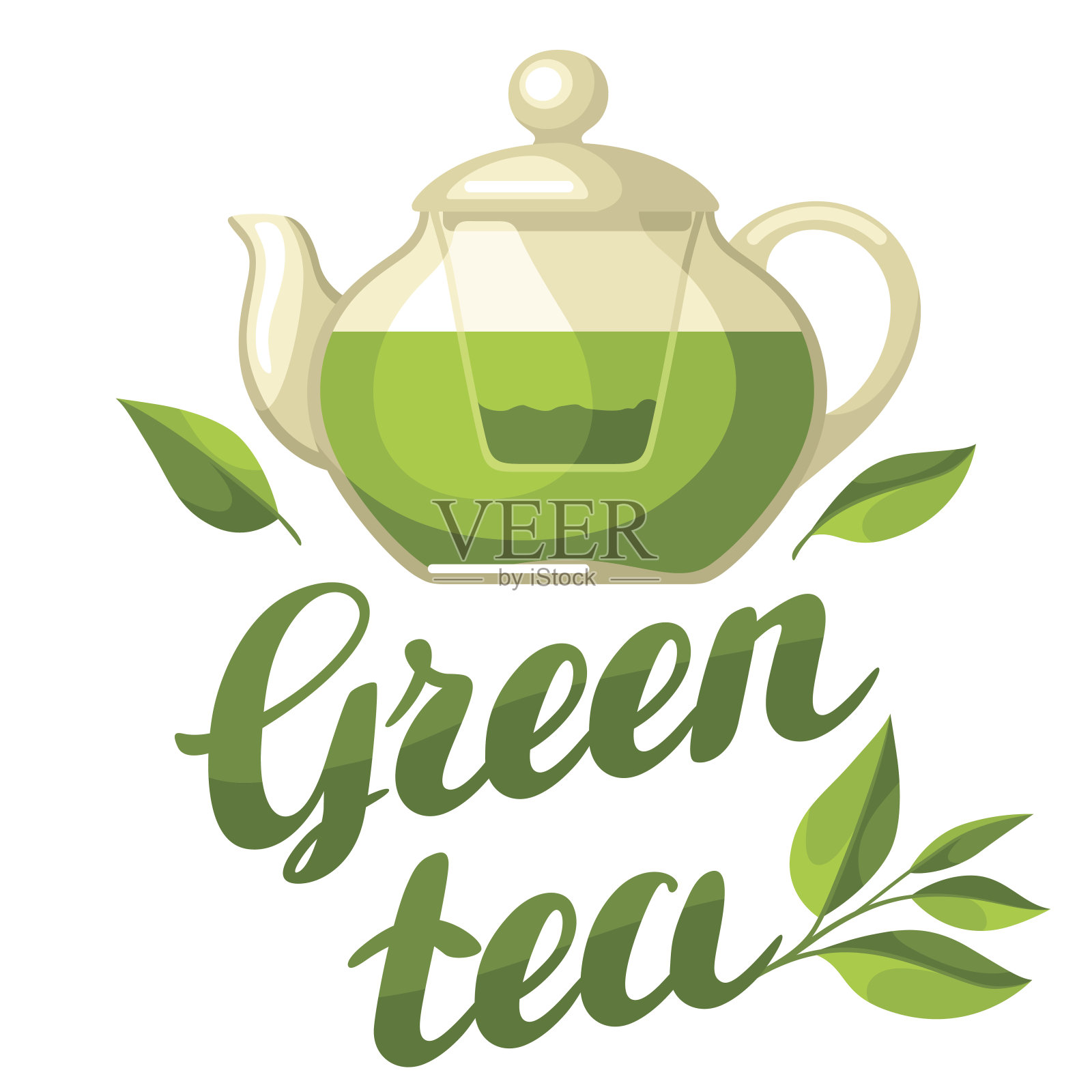 绿茶。插图茶壶和手写文字文字插画图片素材