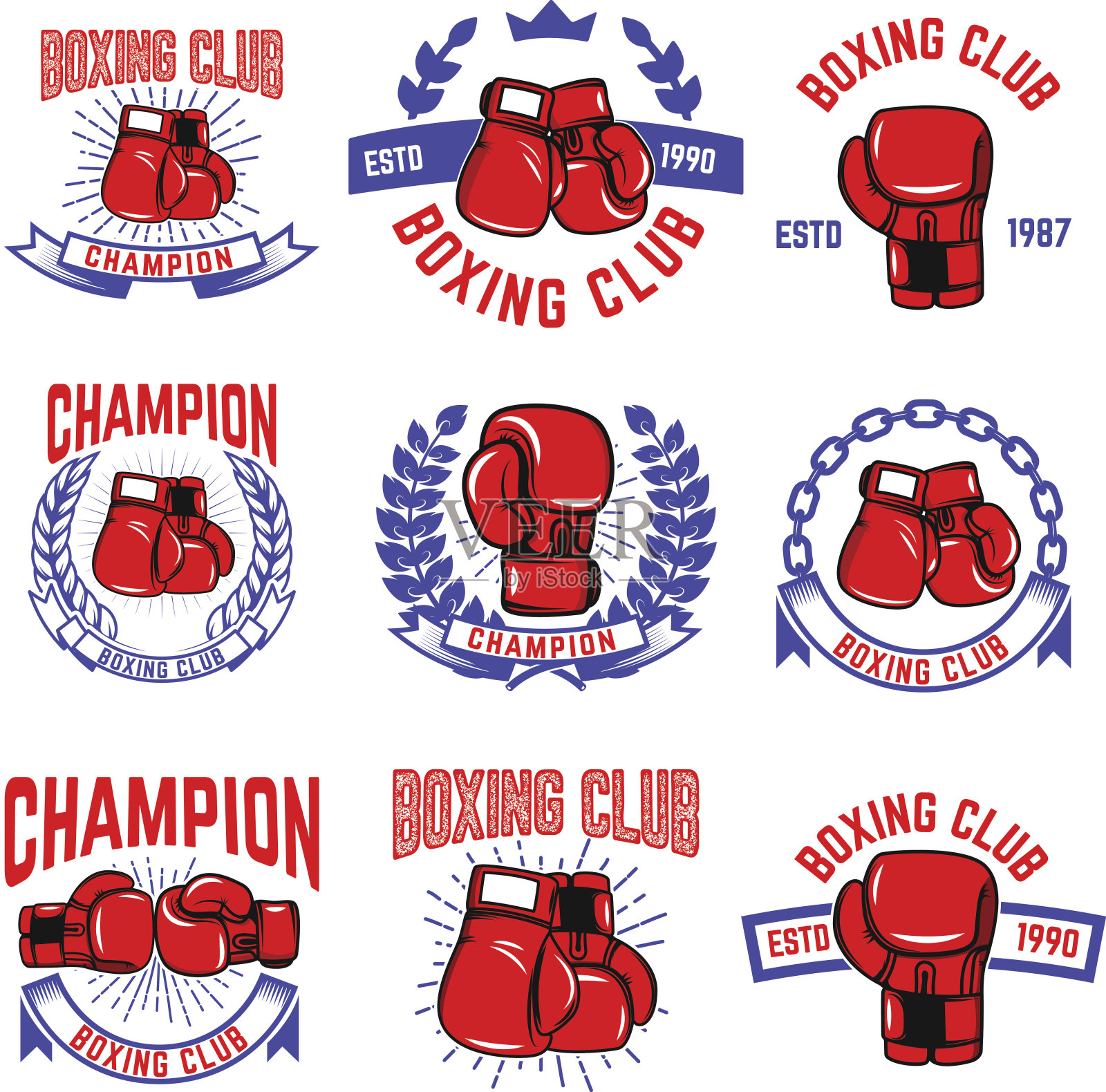 一套拳击俱乐部标志。拳击手套。设计元素为标签，徽章，标志，品牌标志。矢量图插画图片素材