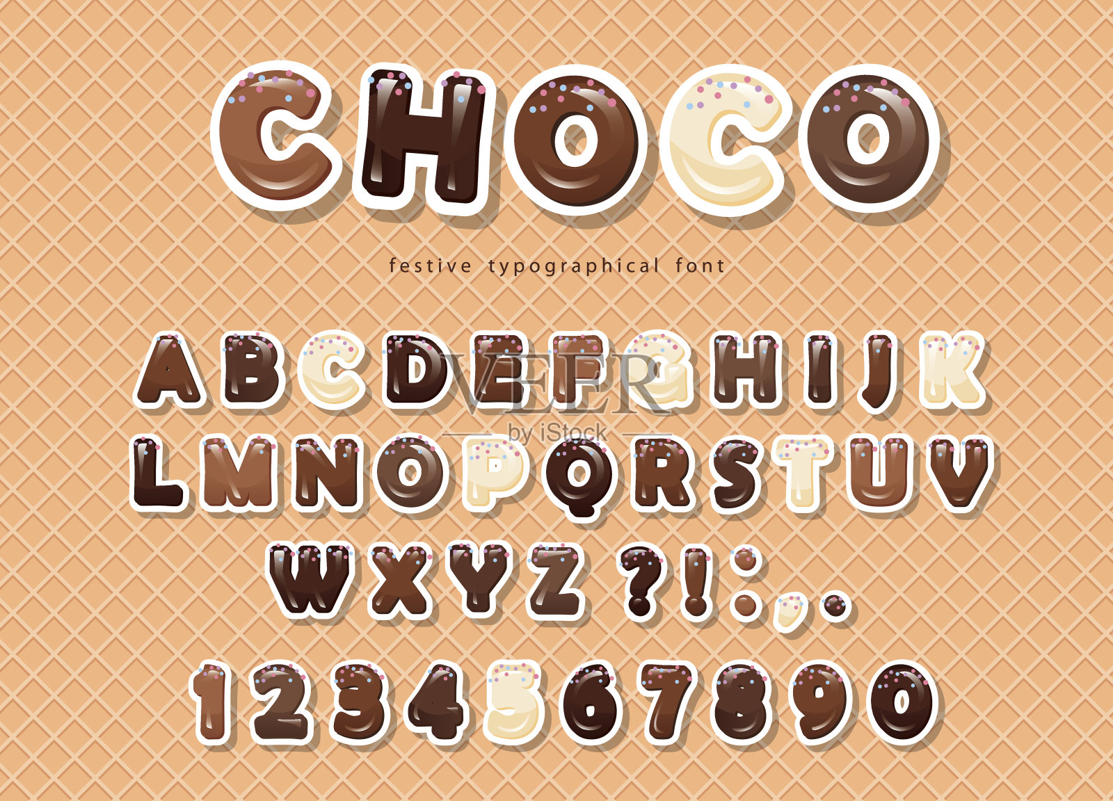纸剪出ABC字母和数字，用不同种类的巧克力做成的威化饼背景。插画图片素材