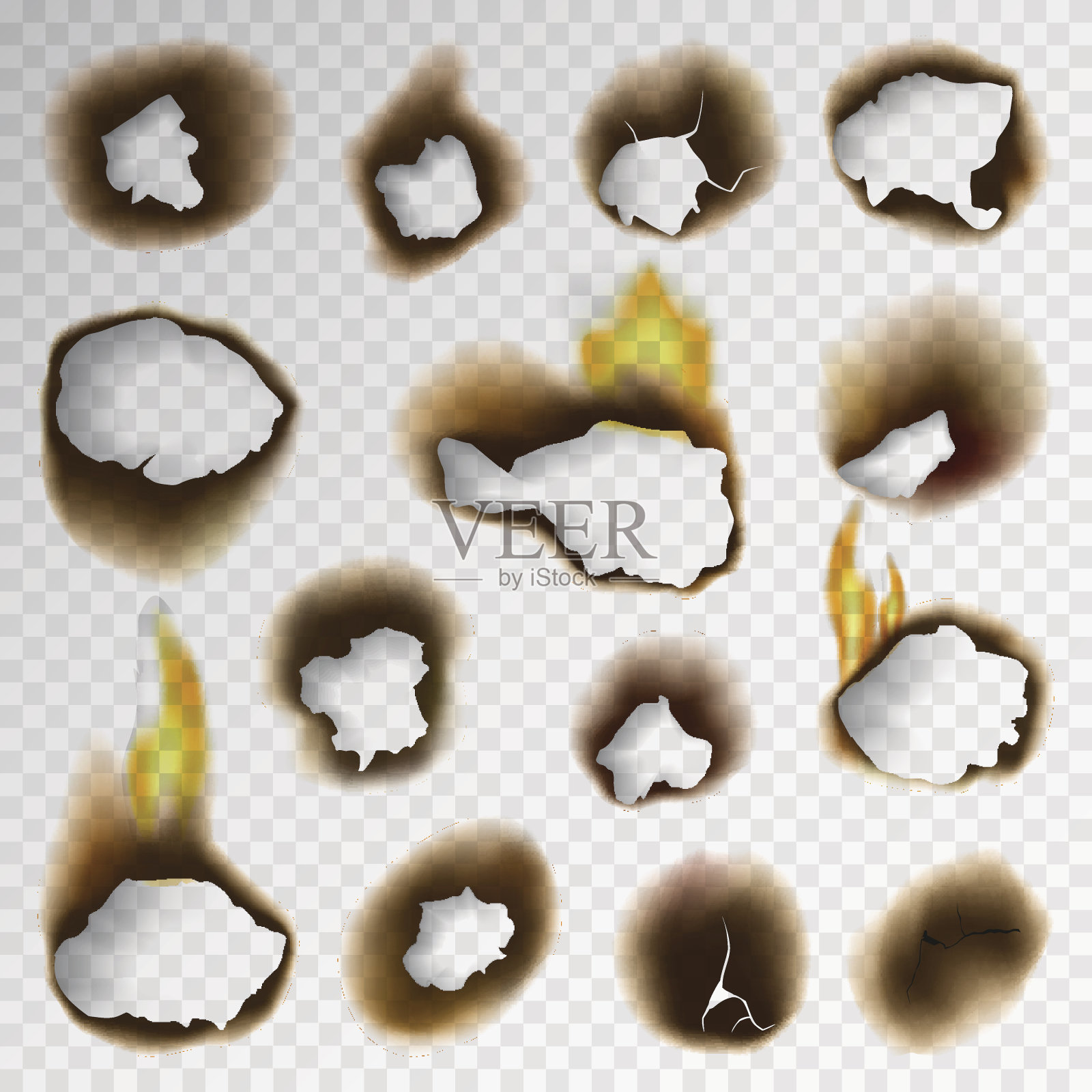 烧焦的片烧焦褪色的纸洞逼真的火火焰孤立的页纸撕裂的灰烬矢量插图设计元素图片