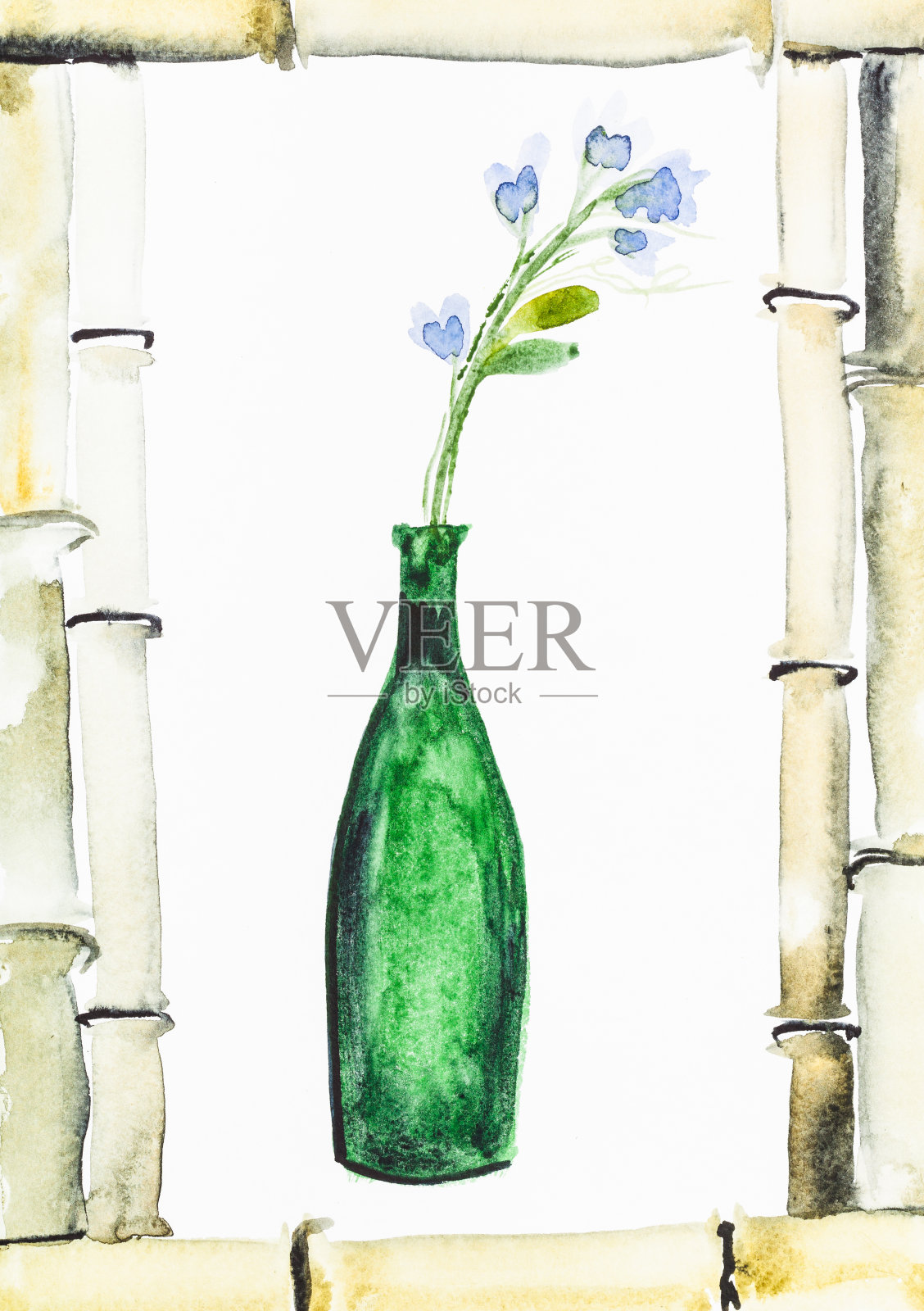 新鲜的蓝色花朵装瓶在竹框插画图片素材