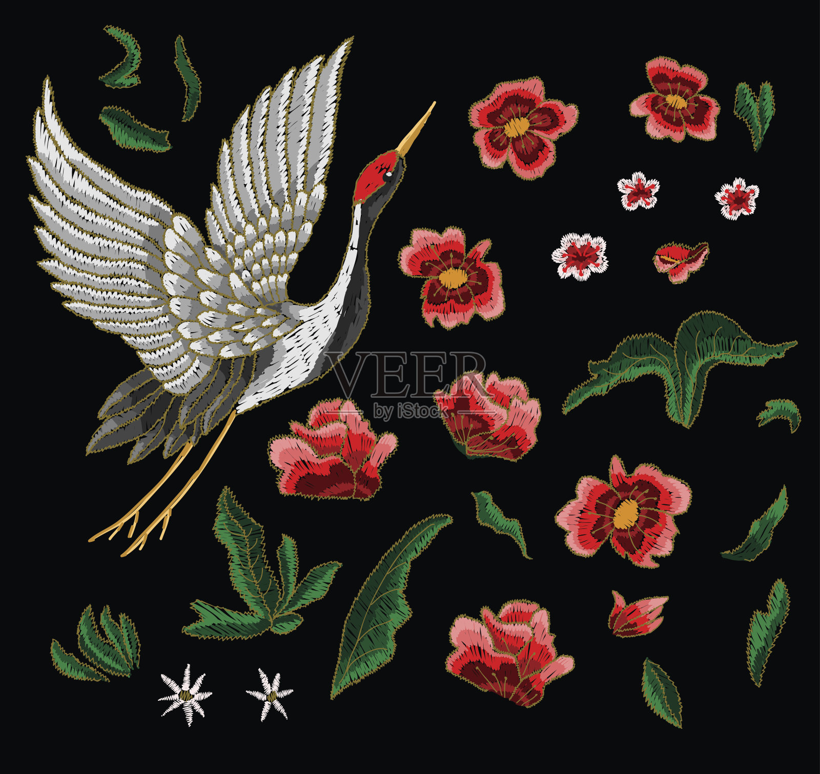日本白鹤和花。插画图片素材