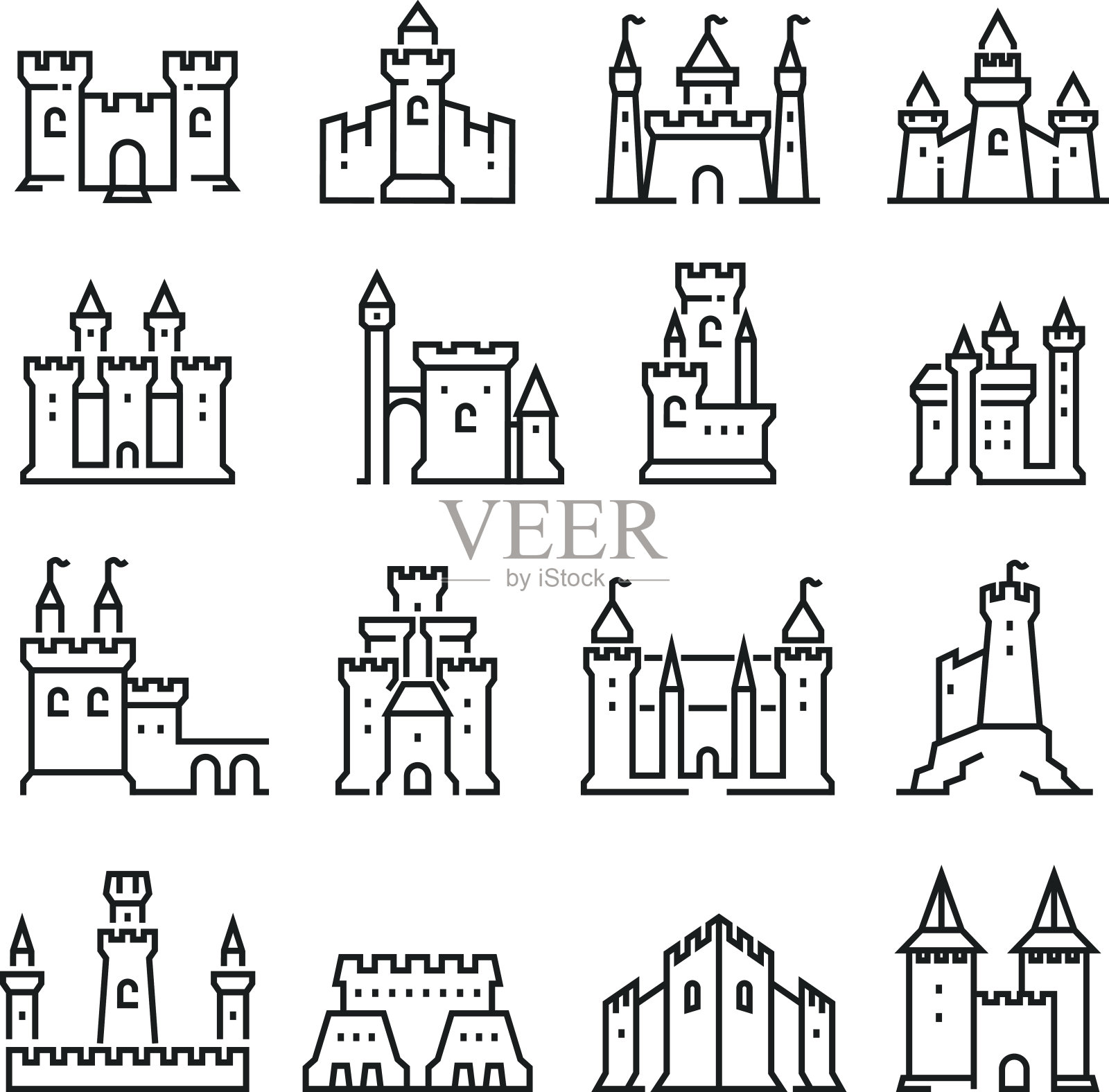 中世纪城堡和古塔要塞线矢量图标插画图片素材