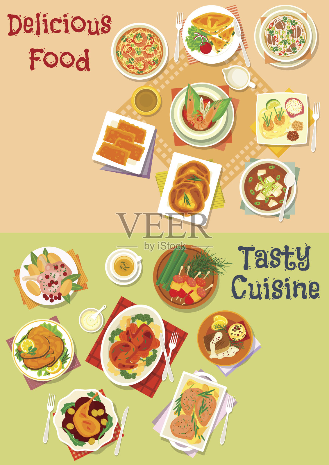 鱼和肉的亚洲汤和糕点图标插画图片素材