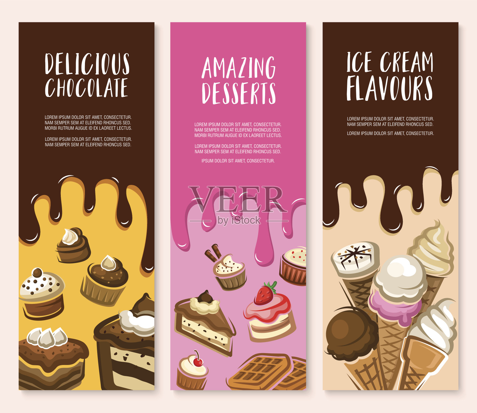 甜点，冰淇淋和巧克力糕点横幅套装插画图片素材