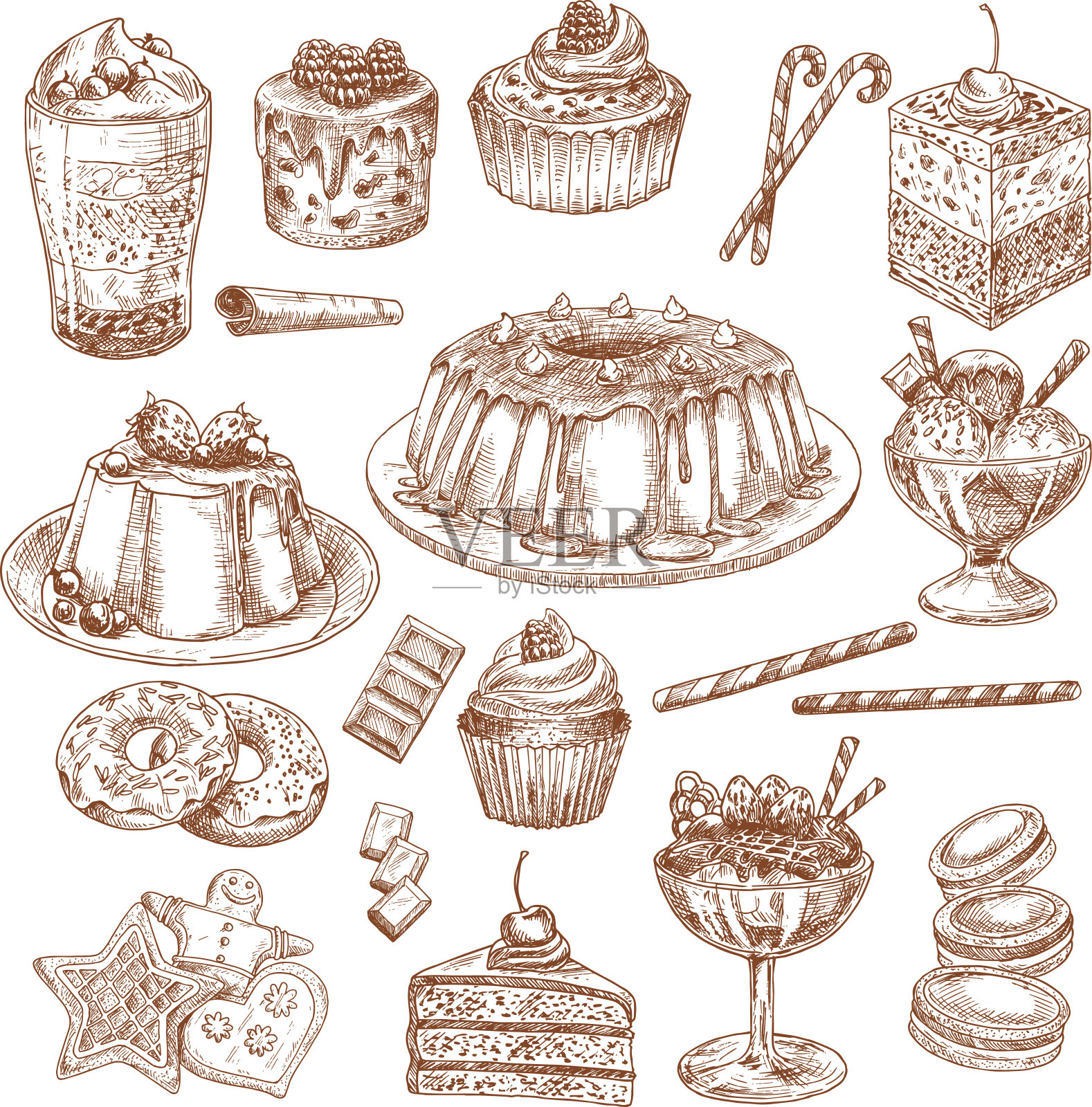 矢量素描图标的蛋糕甜点和糕点插画图片素材