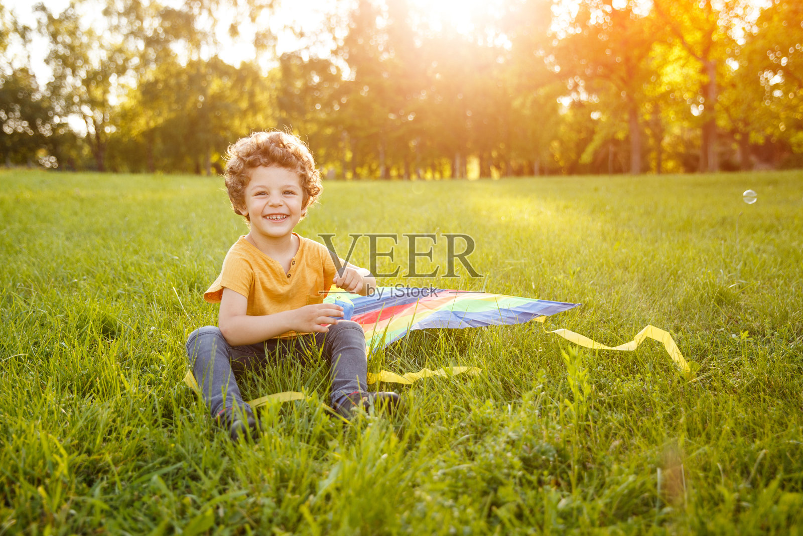 兴高采烈的男孩在草地上放风筝照片摄影图片