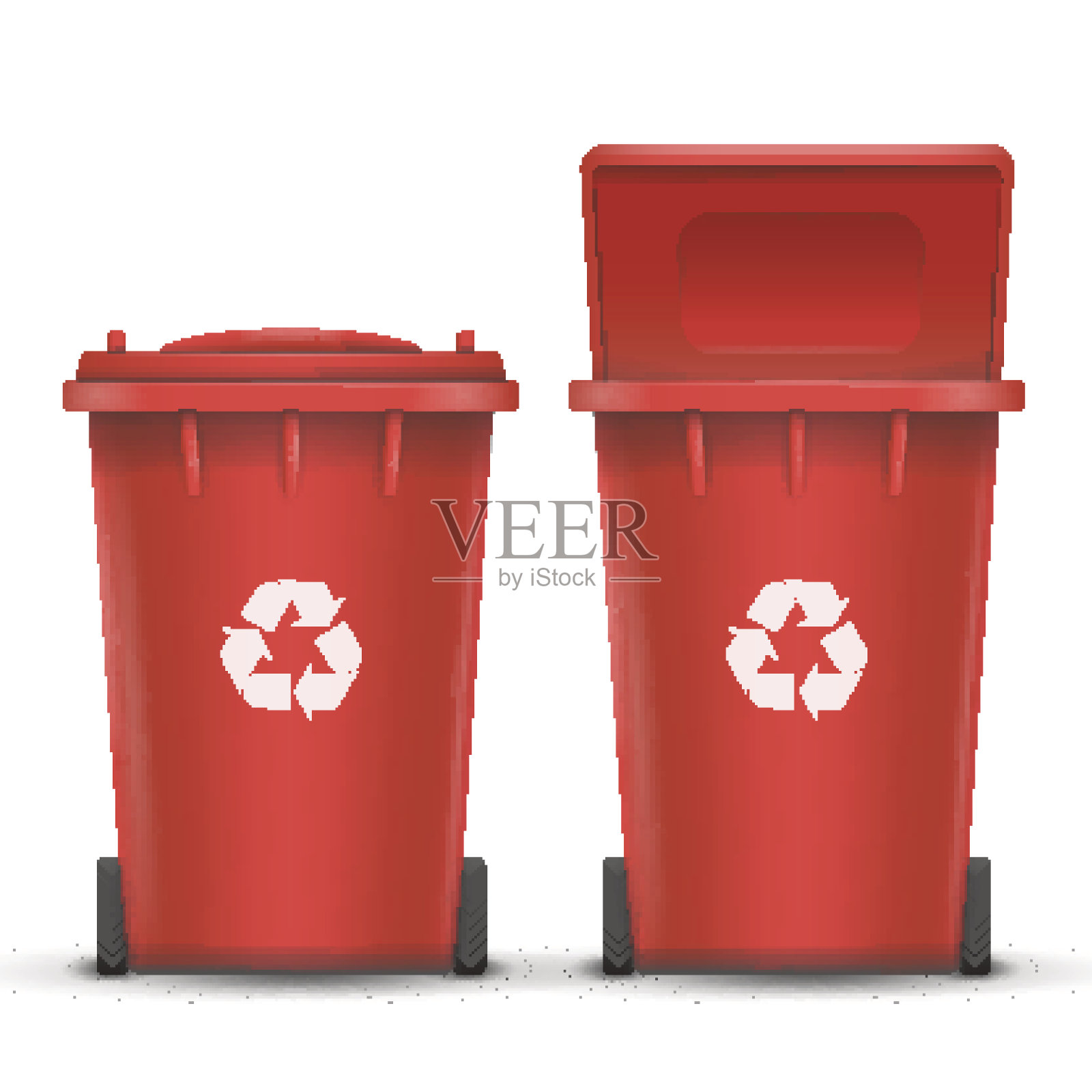 红色回收箱桶向量金属垃圾。开启和关闭。前视图。箭头标志。孤立的插图设计元素图片