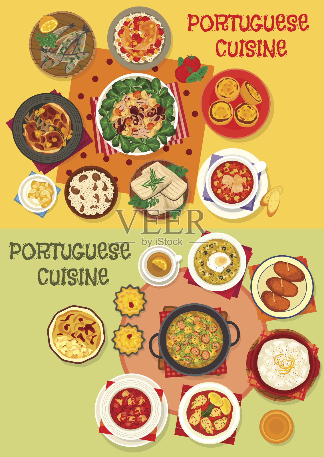 葡萄牙菜海鲜晚餐菜单图标设置插画图片素材
